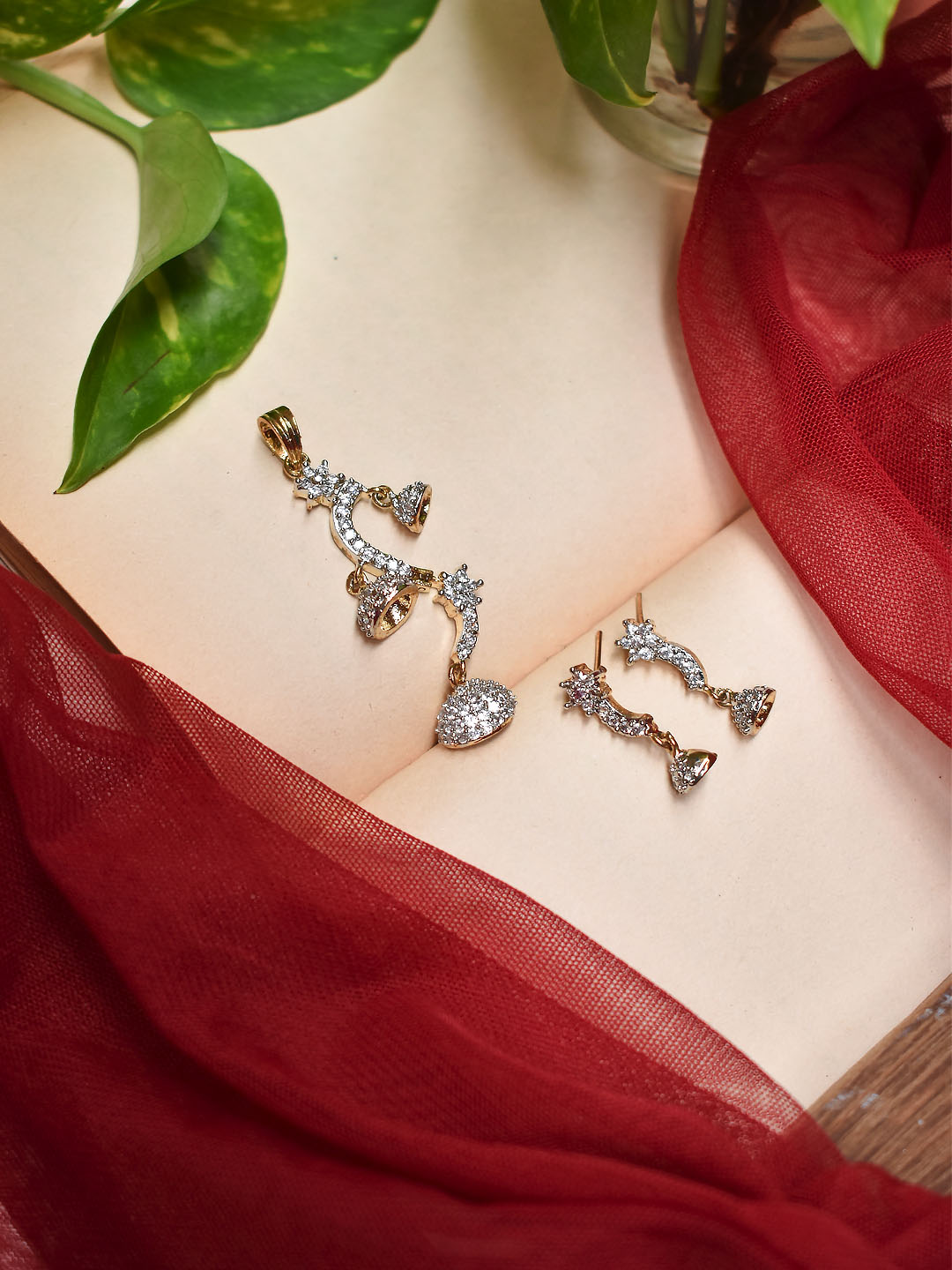 Avismaya Gold Plated Floral Design CZ Stones With Hanging Jhumkas Pendant Set