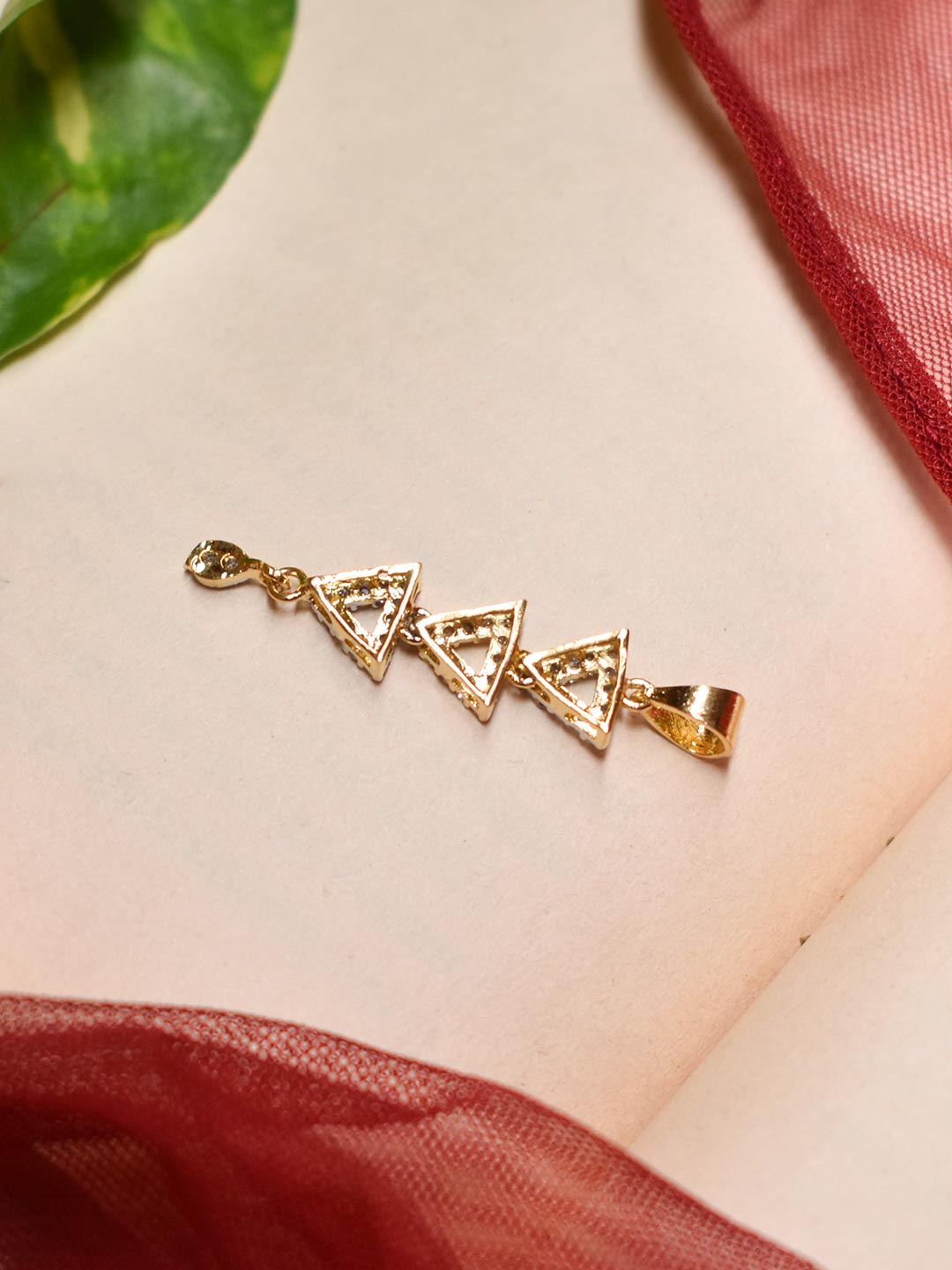 High Quality Gold Plated Three Layered Triangular Shape Pendant CZ Stones With Earring Set