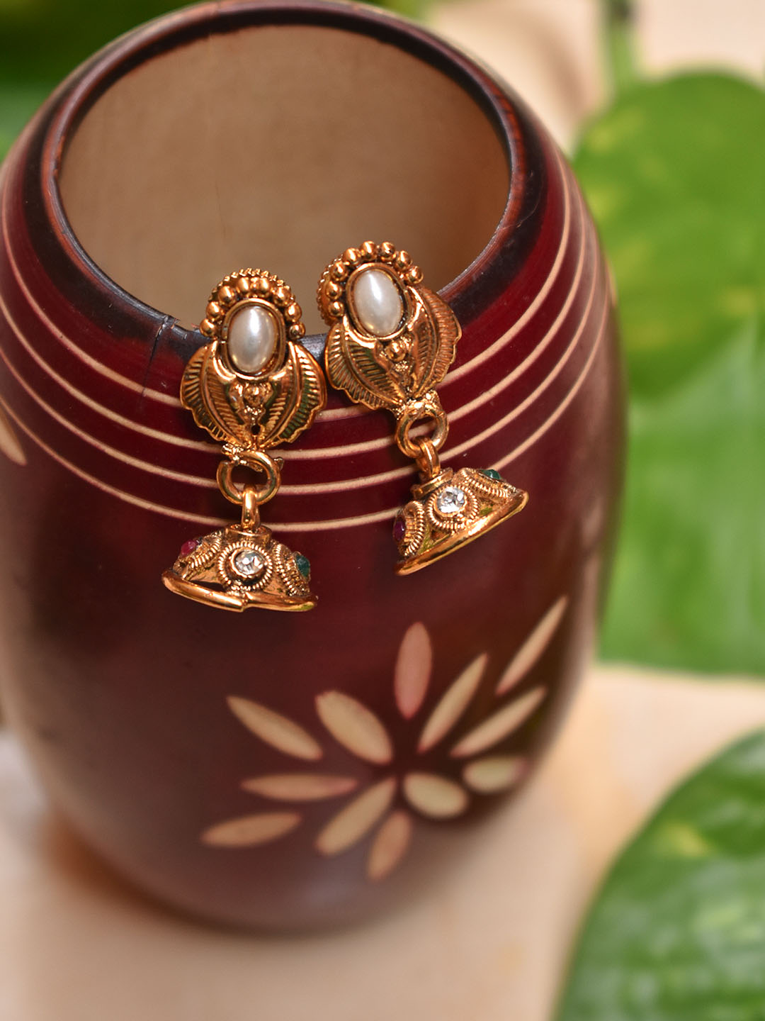 High Quality Gold Plated Oval Design Studded White Pearl With Hanging Green And White Color Stone Jhumka Earring