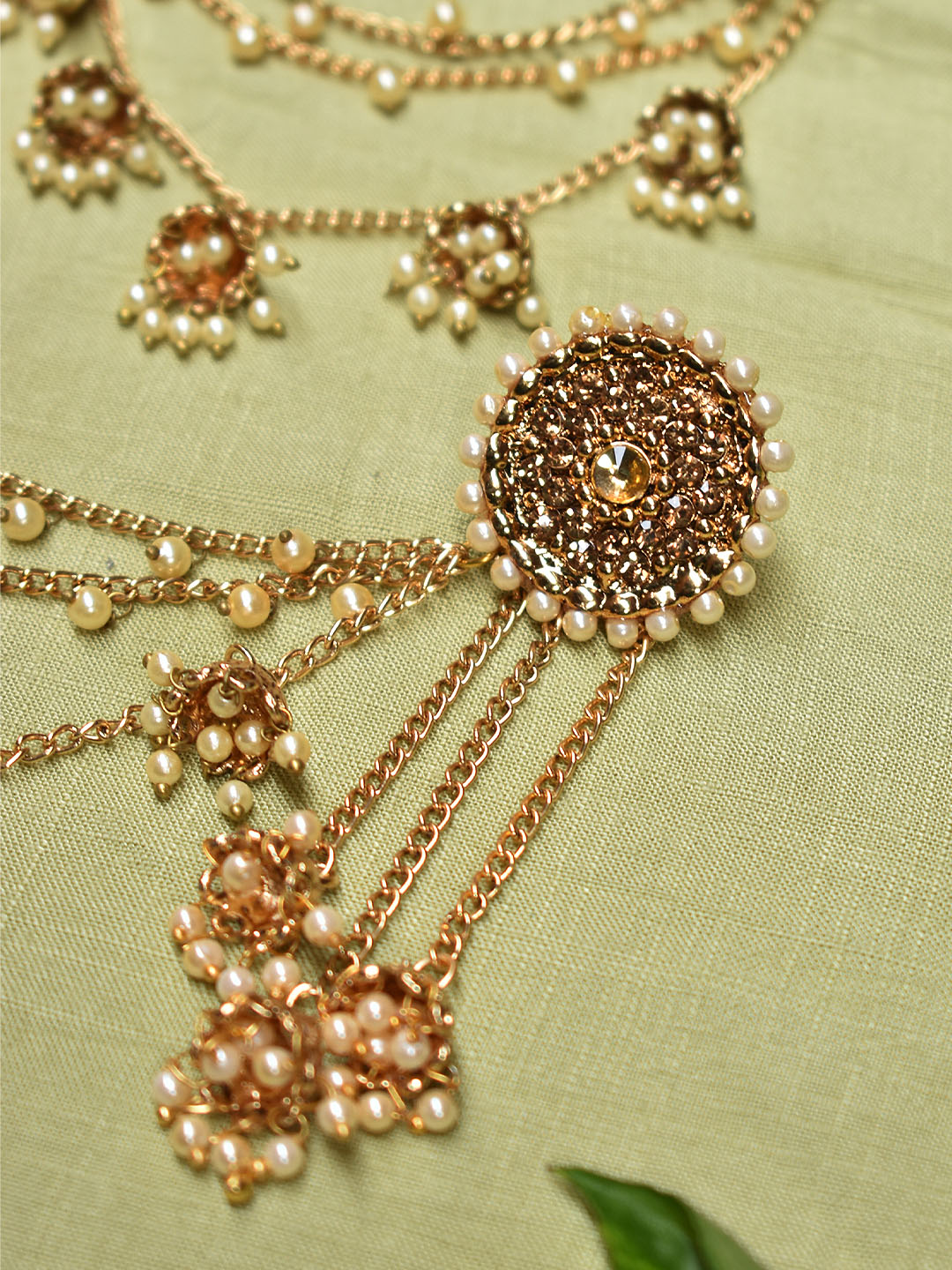 High Quality Gold Plated Circular Design Studs With Three Layered Hanging Pearl Jhumka Chains Bahubali Inspired Dangler Earring