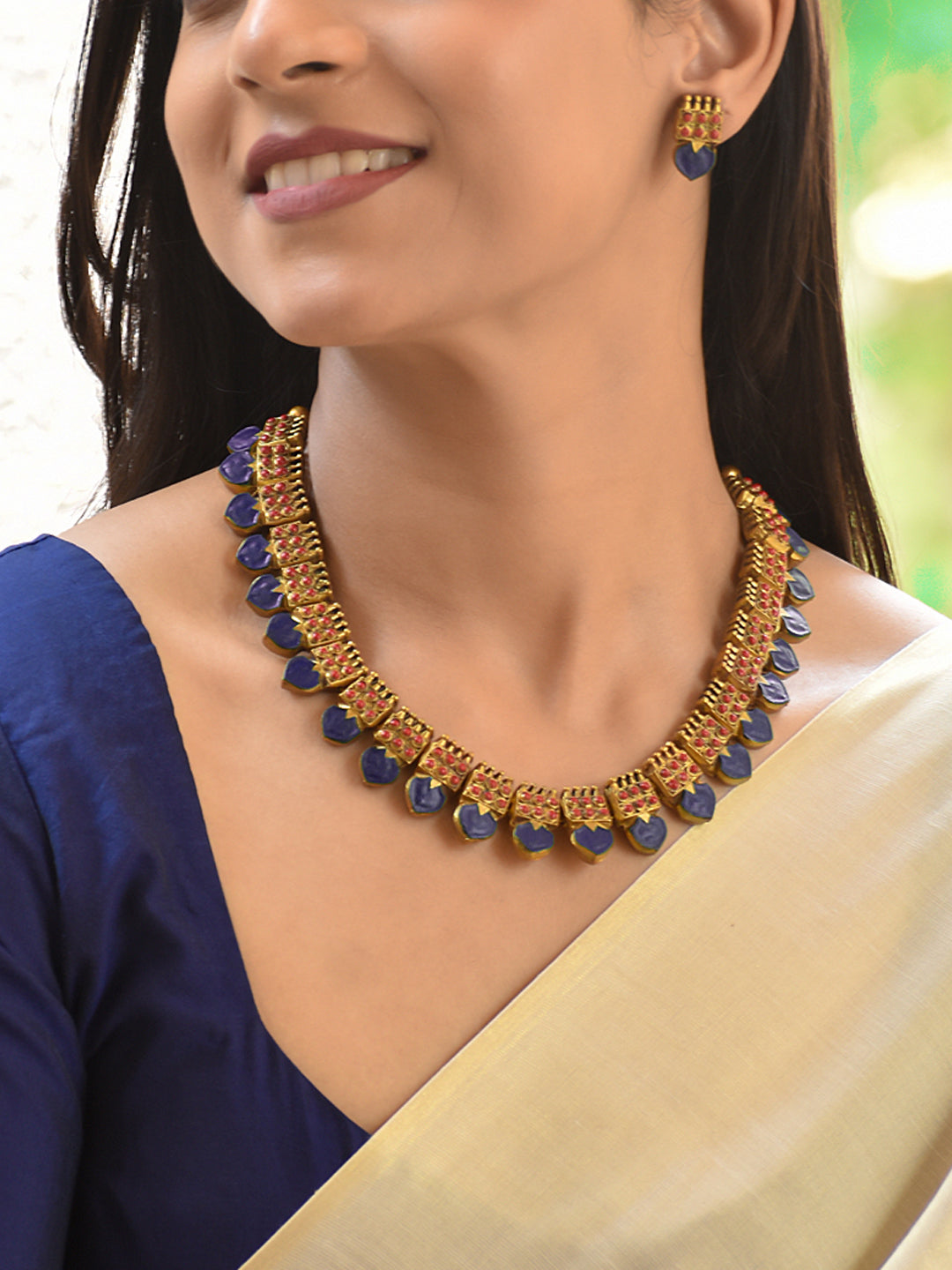 Terracotta Blue Drop Floral Choker Necklace Set