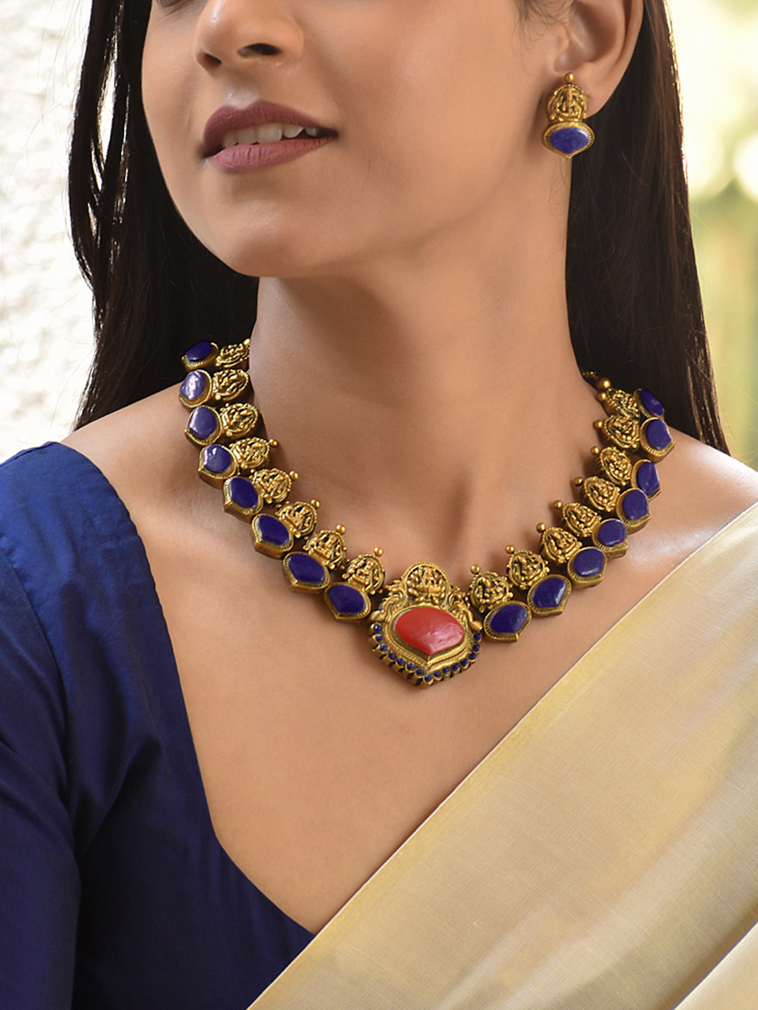 Terracotta Blue Stone Lakshmi Temple Necklace Set