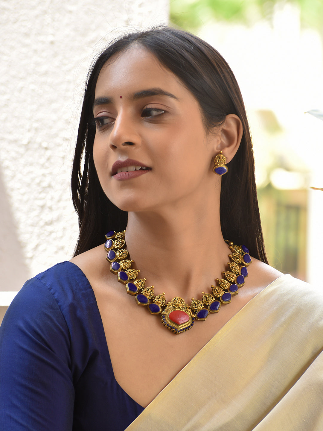 Terracotta Blue Stone Lakshmi Temple Necklace Set