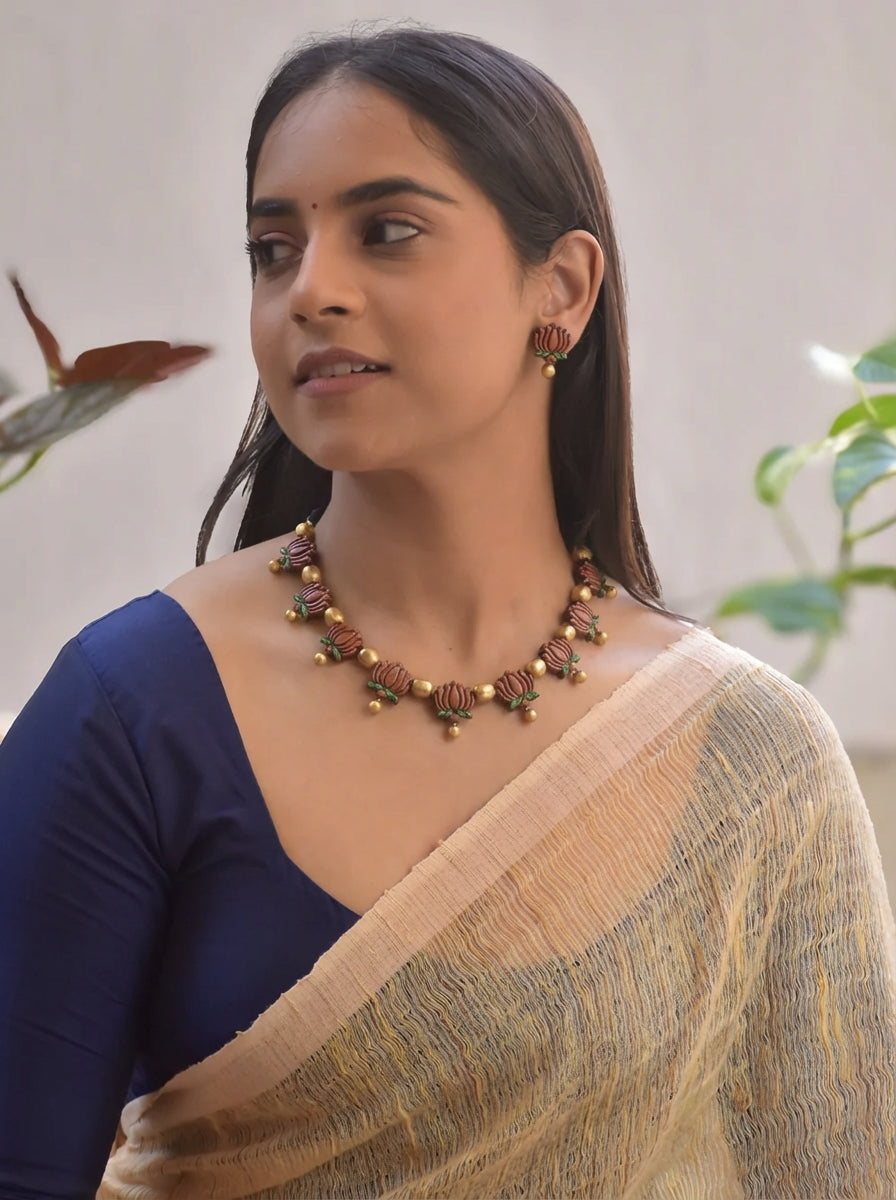 Ambuja 🤎 — Handmade Terracotta Brown Lotus Floral Necklace with Golden Bead Drops