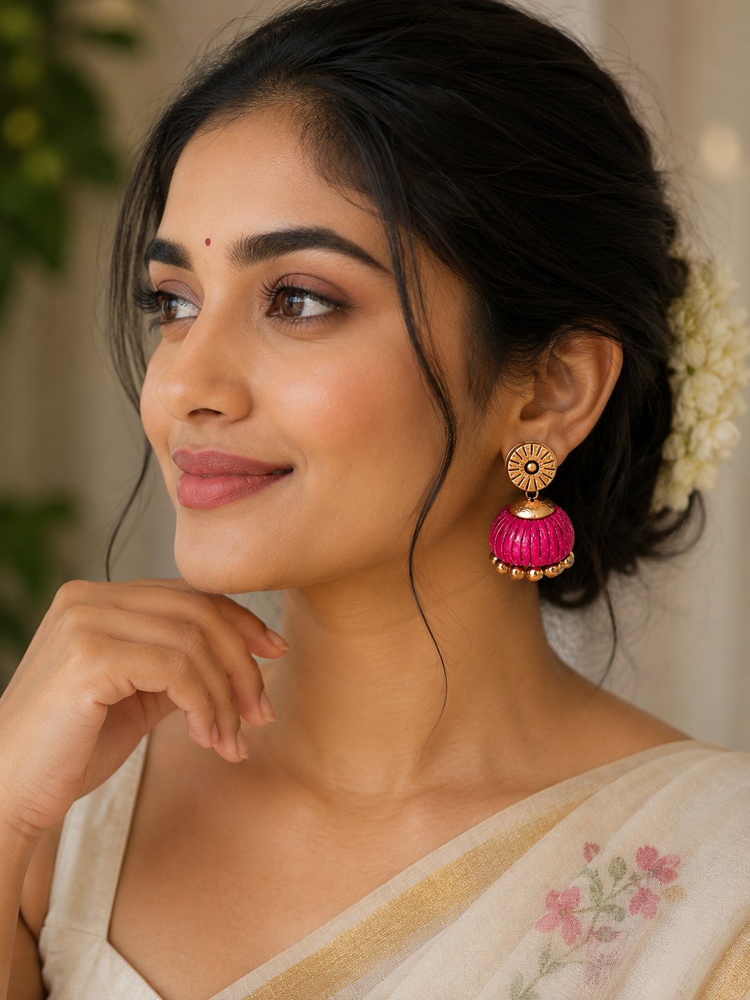 Handmade Terracotta Pink And Gold Color Circular Shape Jhumka Earring