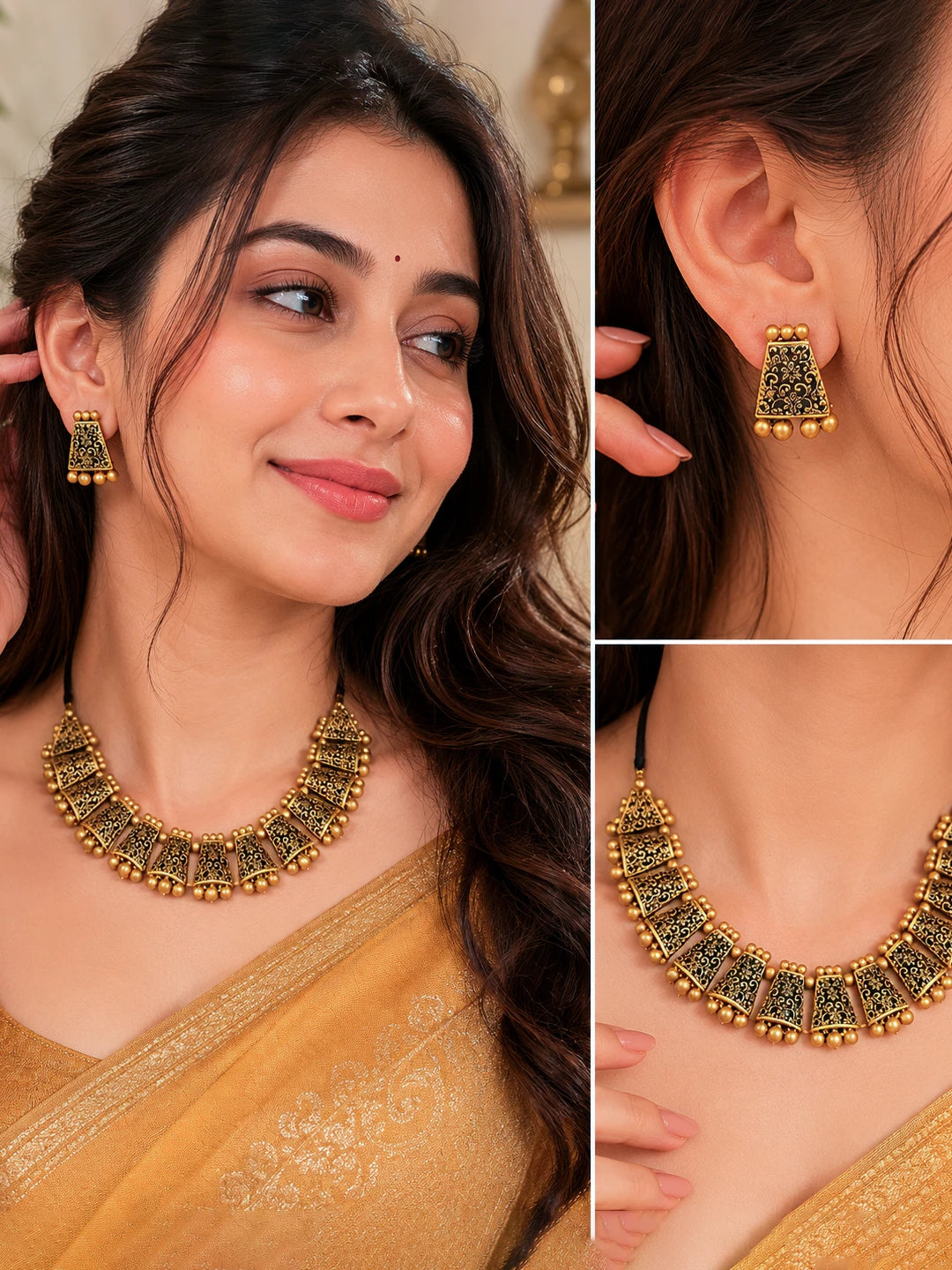 Terracotta Antique Gold Flower Panel Necklace Set with Bead Borders