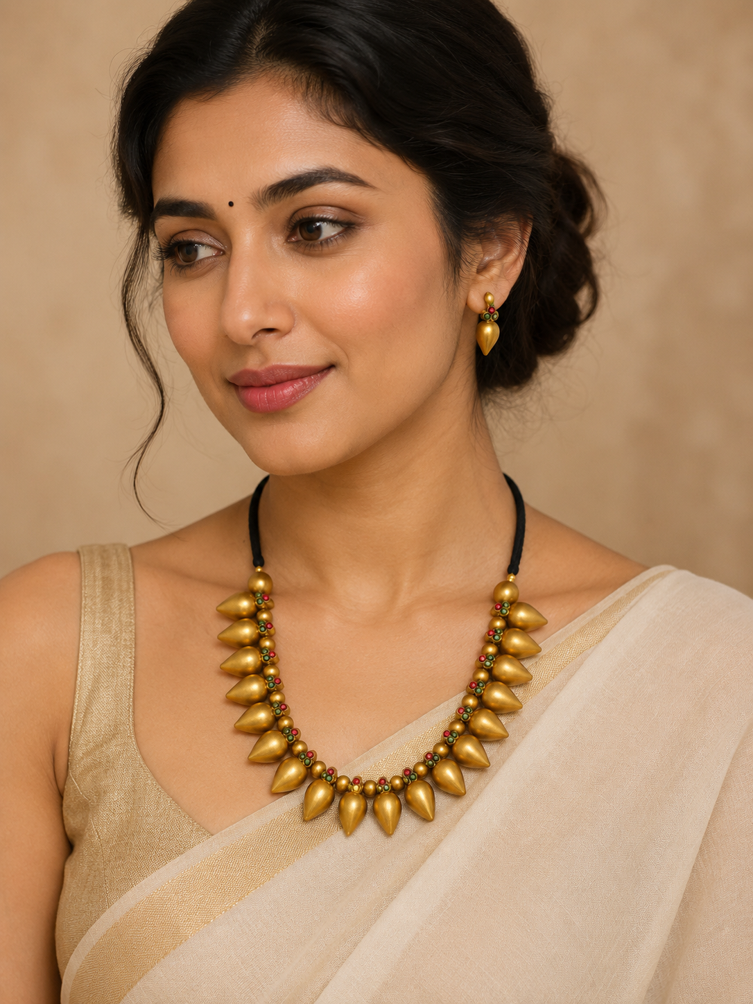Gifting Set - Antique Gold Necklace Set with Red & Green Accents