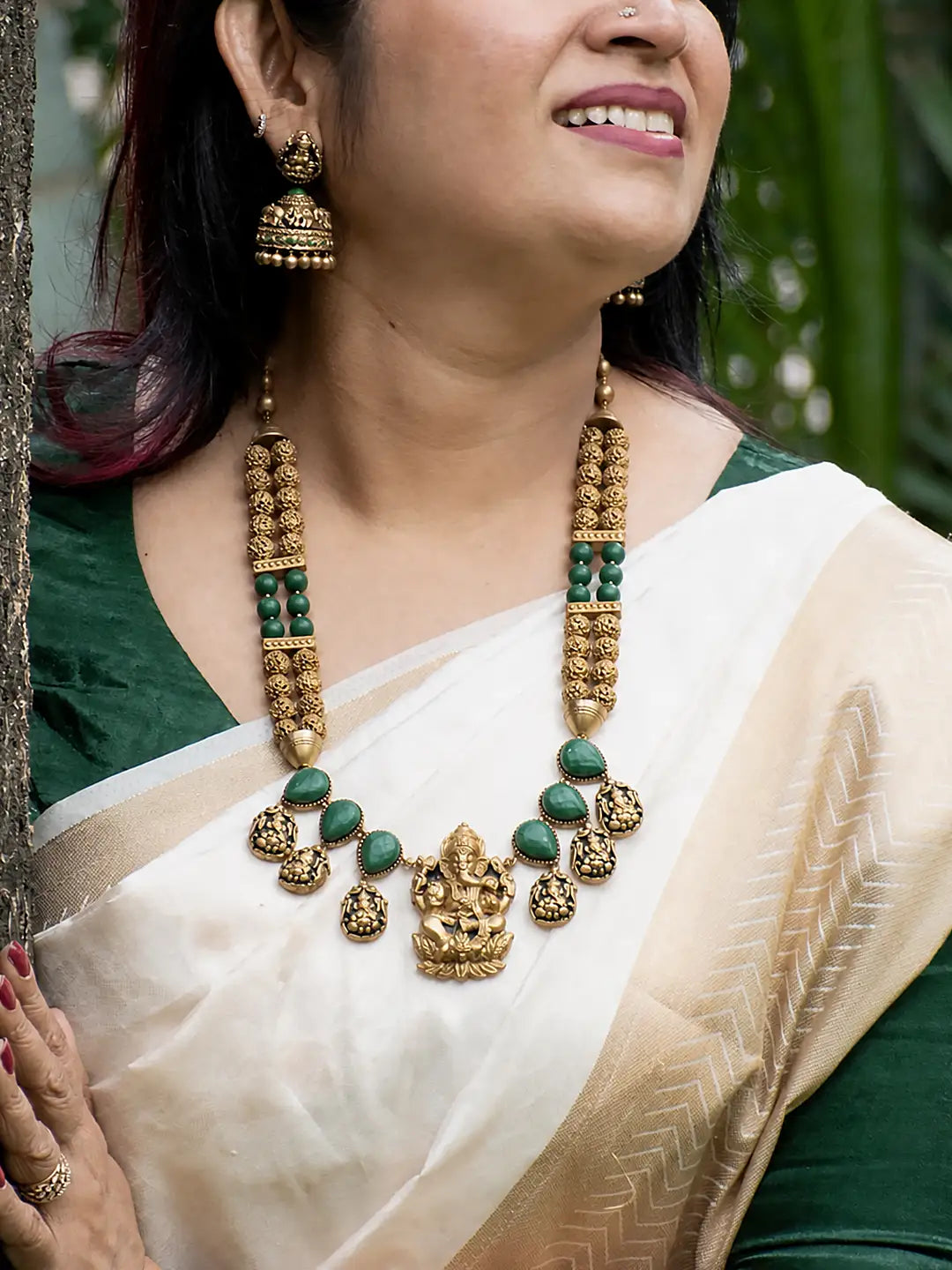 Terracotta Emerald Green Ganesha Necklace Set