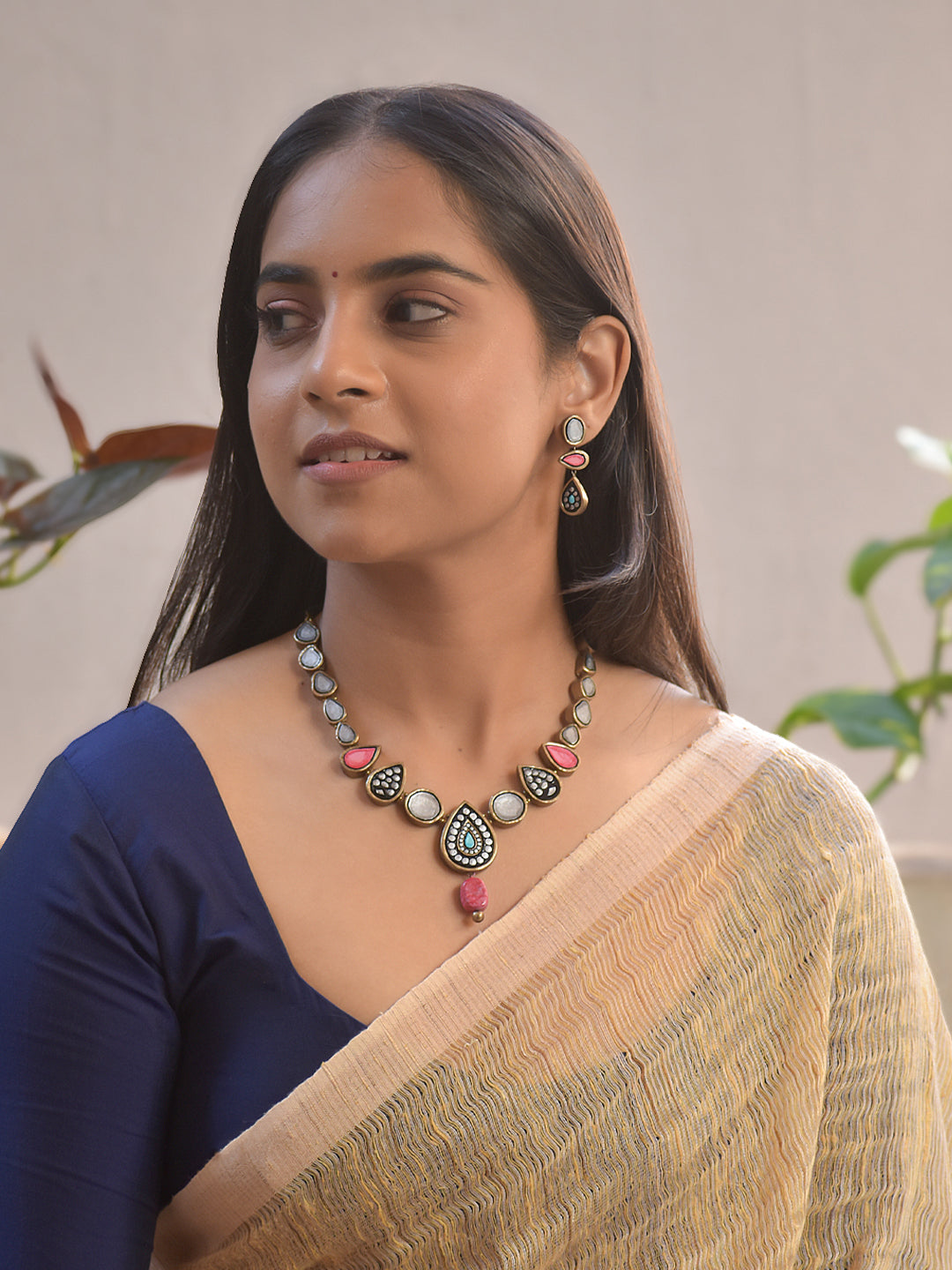 Terracotta Teardrop Pendant Necklace with Multicolor Detailing with Earrings