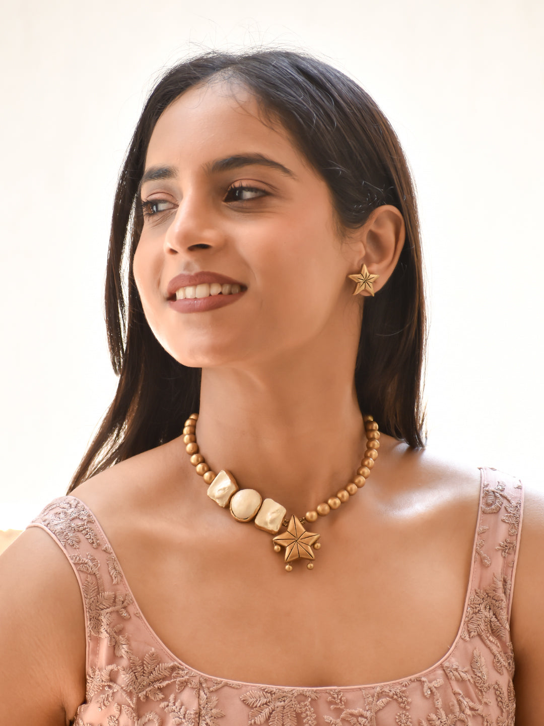 Ivory Pearl Star Pendant Handmade Terracotta Necklace Set