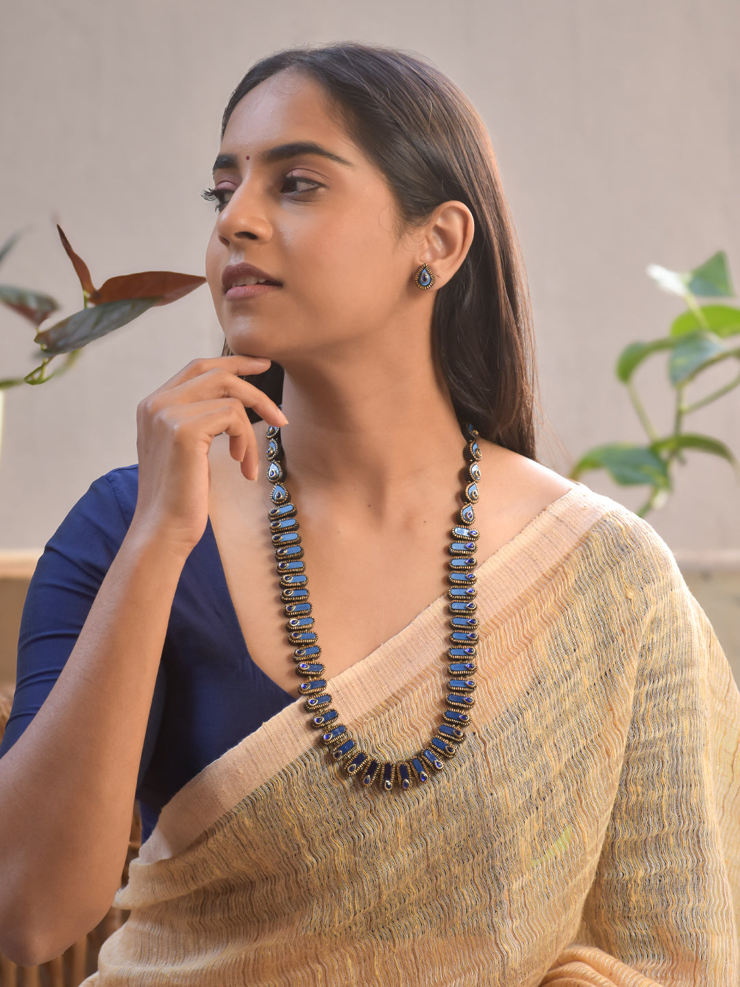 Terracotta Royal Blue Teardrop Beaded Necklace Set with Earrings