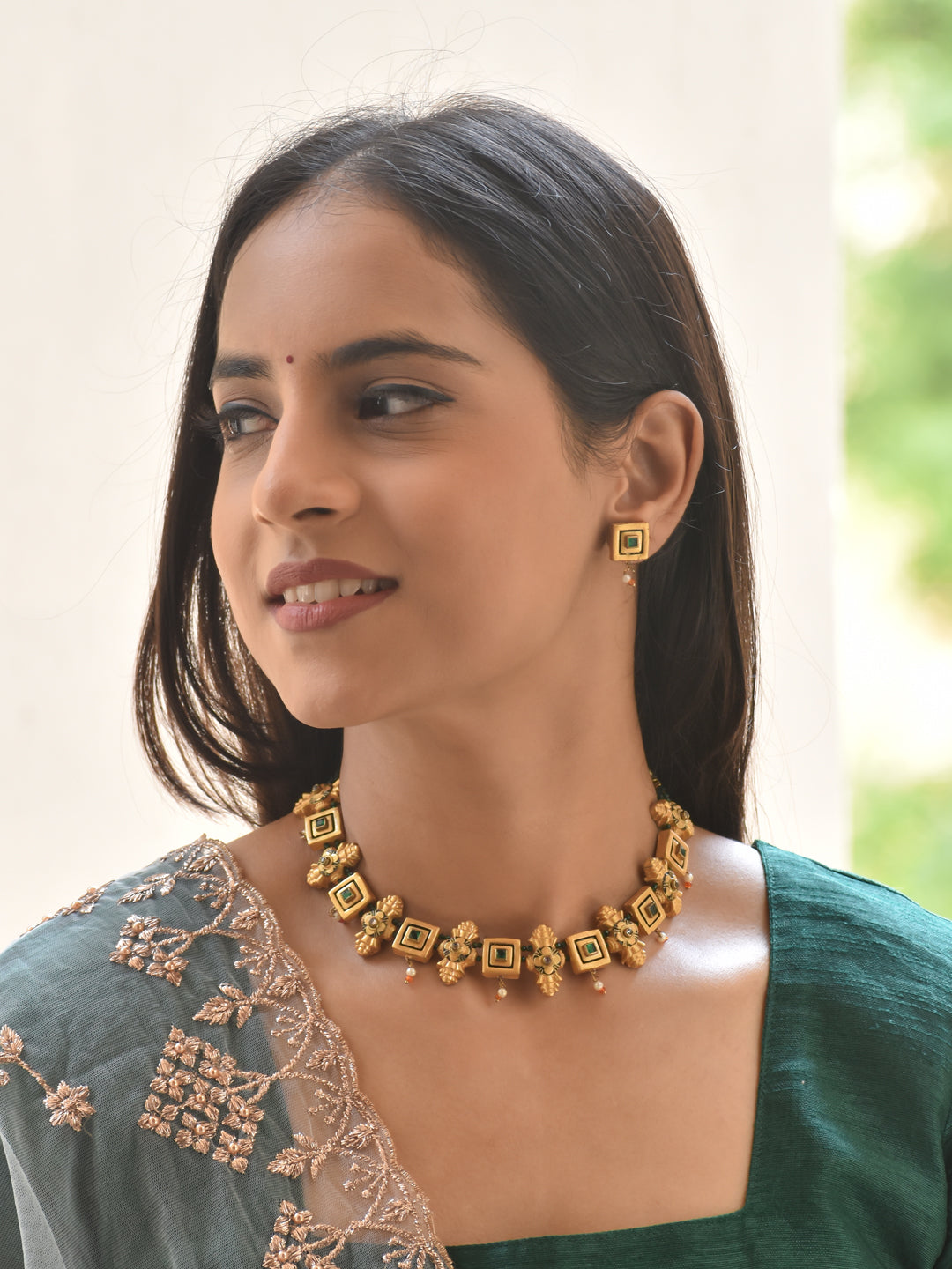 Terracotta Geometric Floral Choker Necklace Set