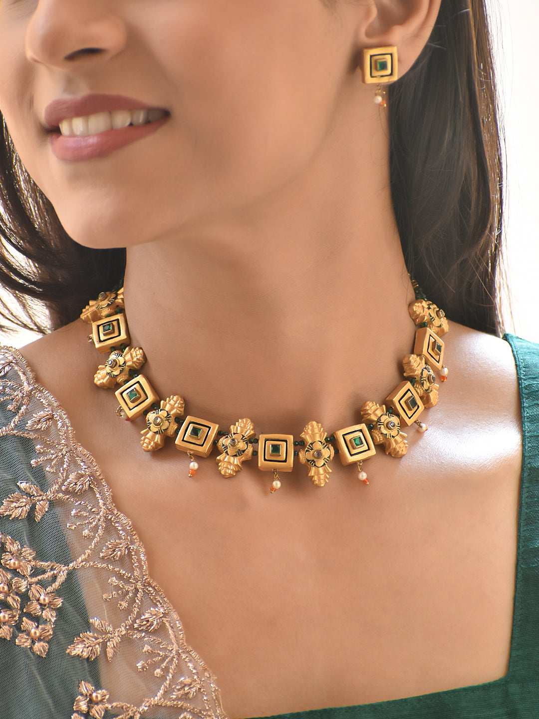 Terracotta Geometric Floral Choker Necklace Set