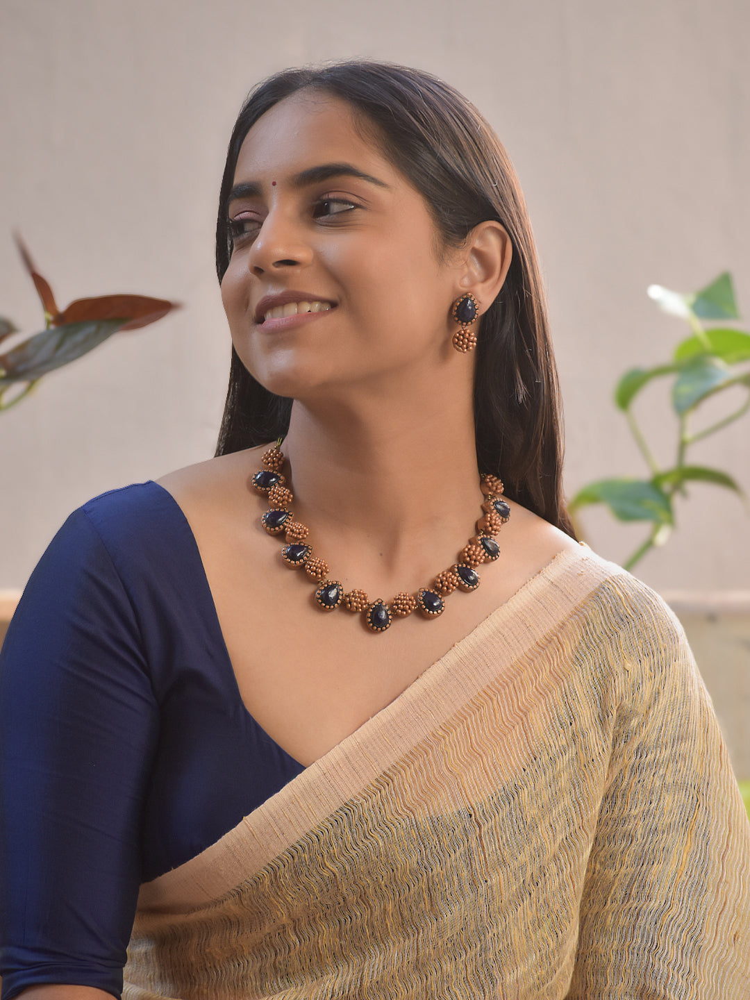 Terracotta Golden Beaded Necklace with Black Teardrop Pendants with Matching Earrings