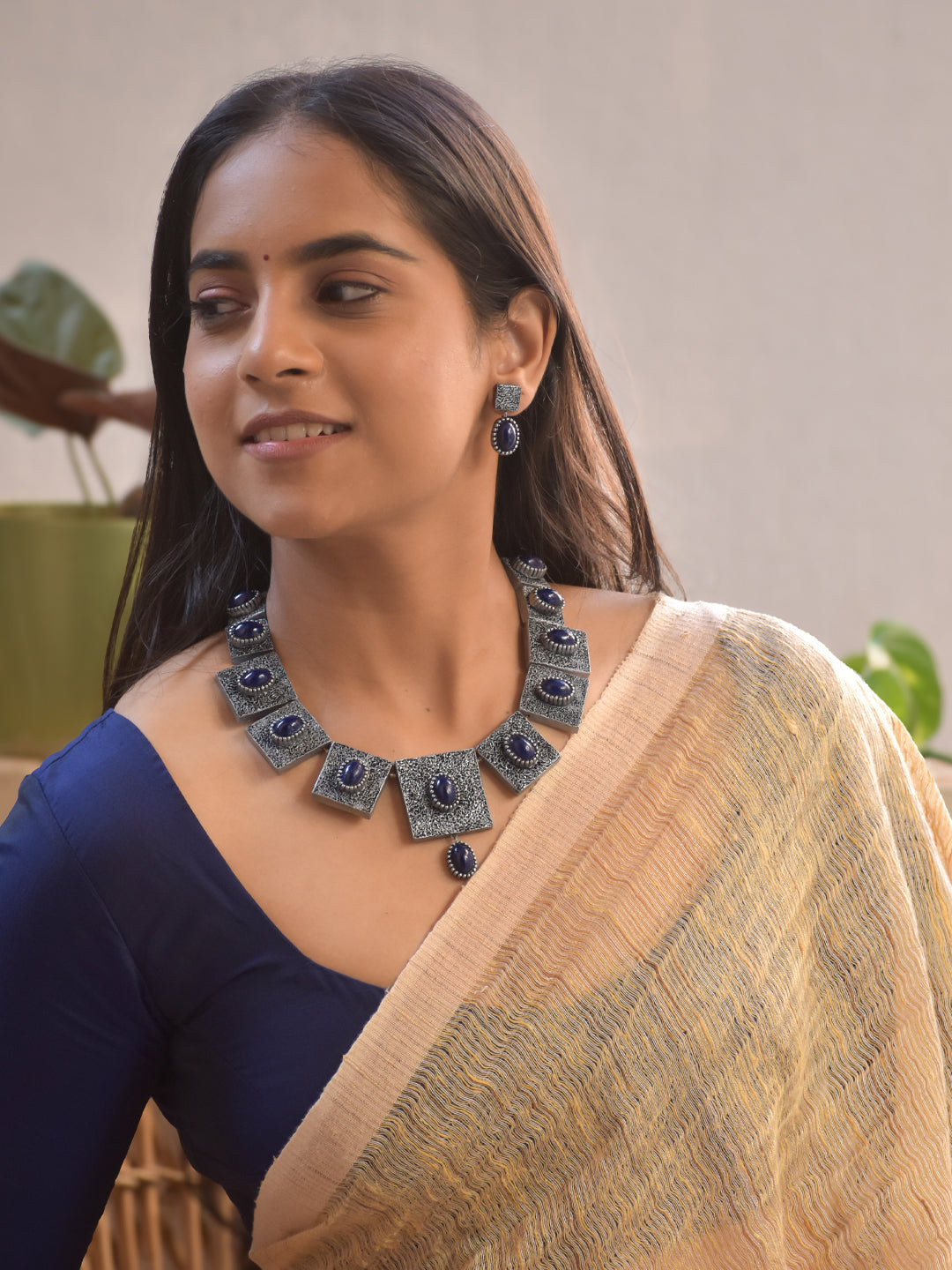 Terracotta Metallic Black and Blue Geometric Statement Necklace Set with Earrings