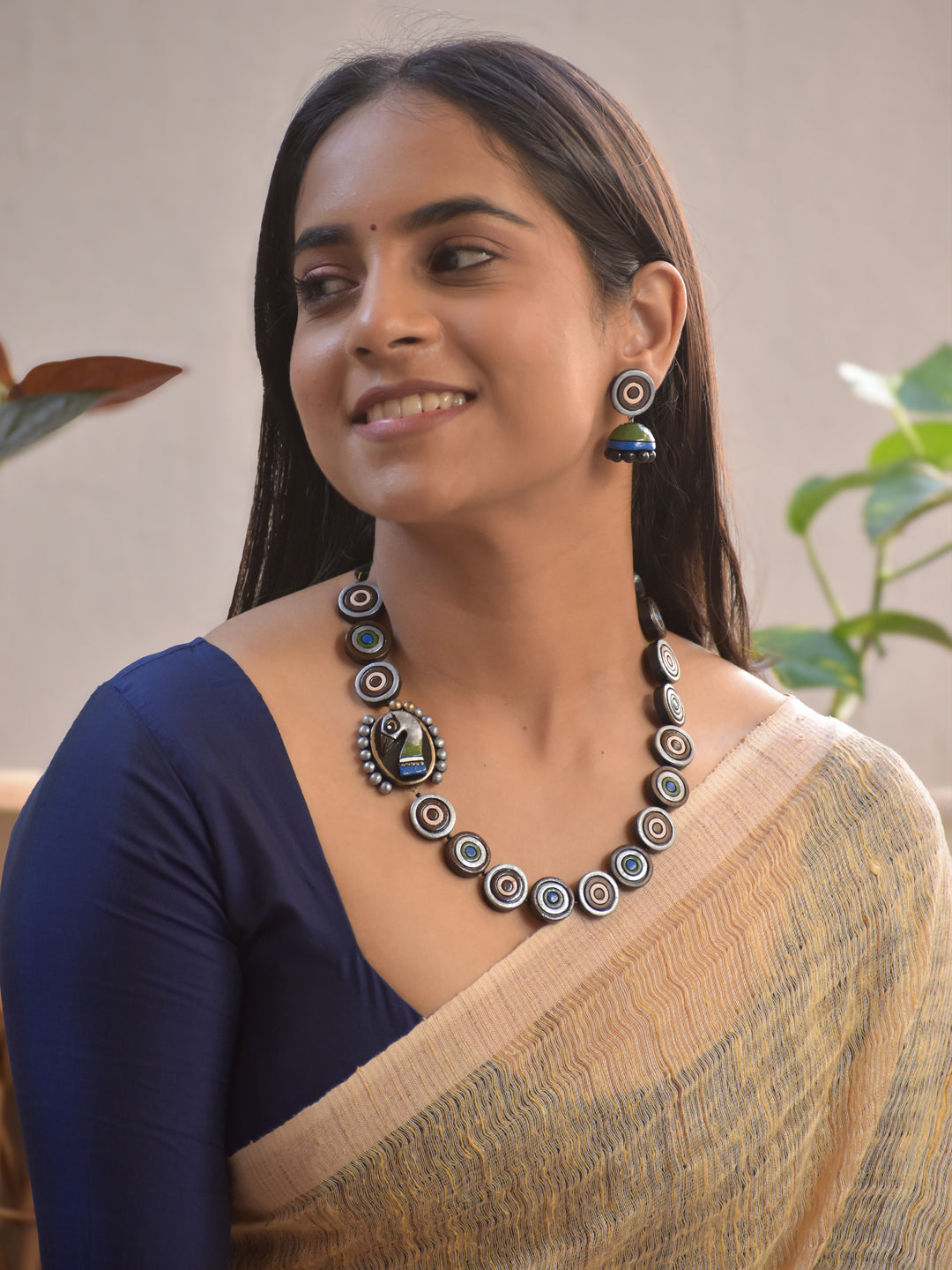 Terracotta Circular Bead Necklace with Abstract Bird Pendant with Earrings