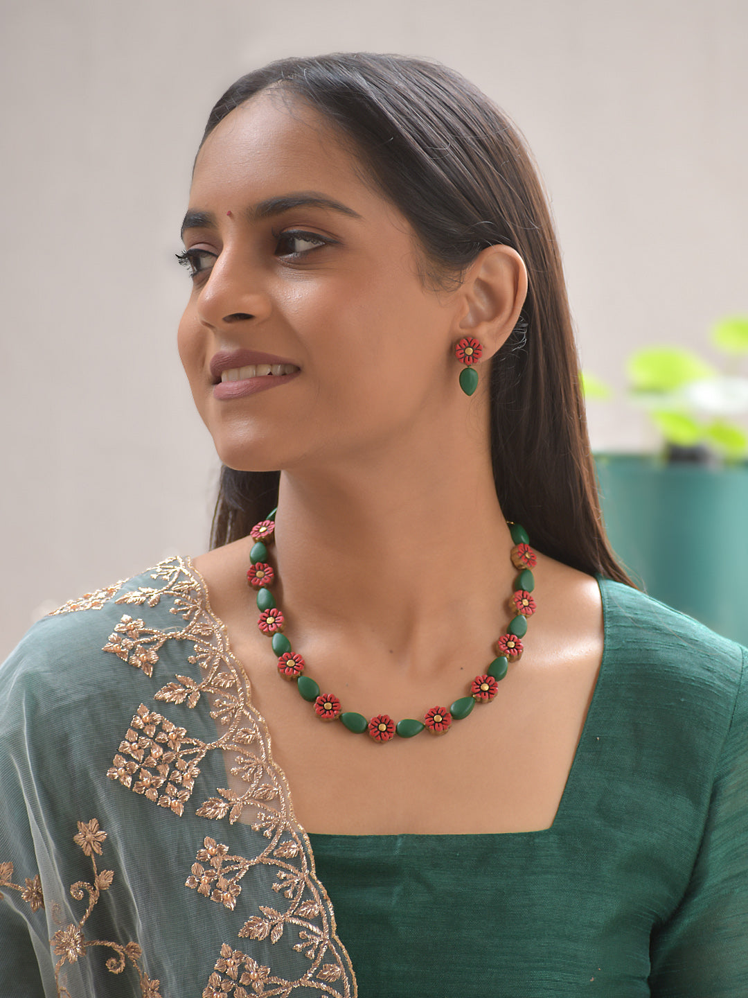 Handcrafted Floral Terracotta Necklace & Earring Set – Forest Green and Crimson