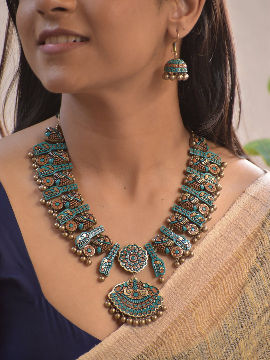Terracotta Peacock Motif Turquoise and Copper Statement Necklace Set with Earrings