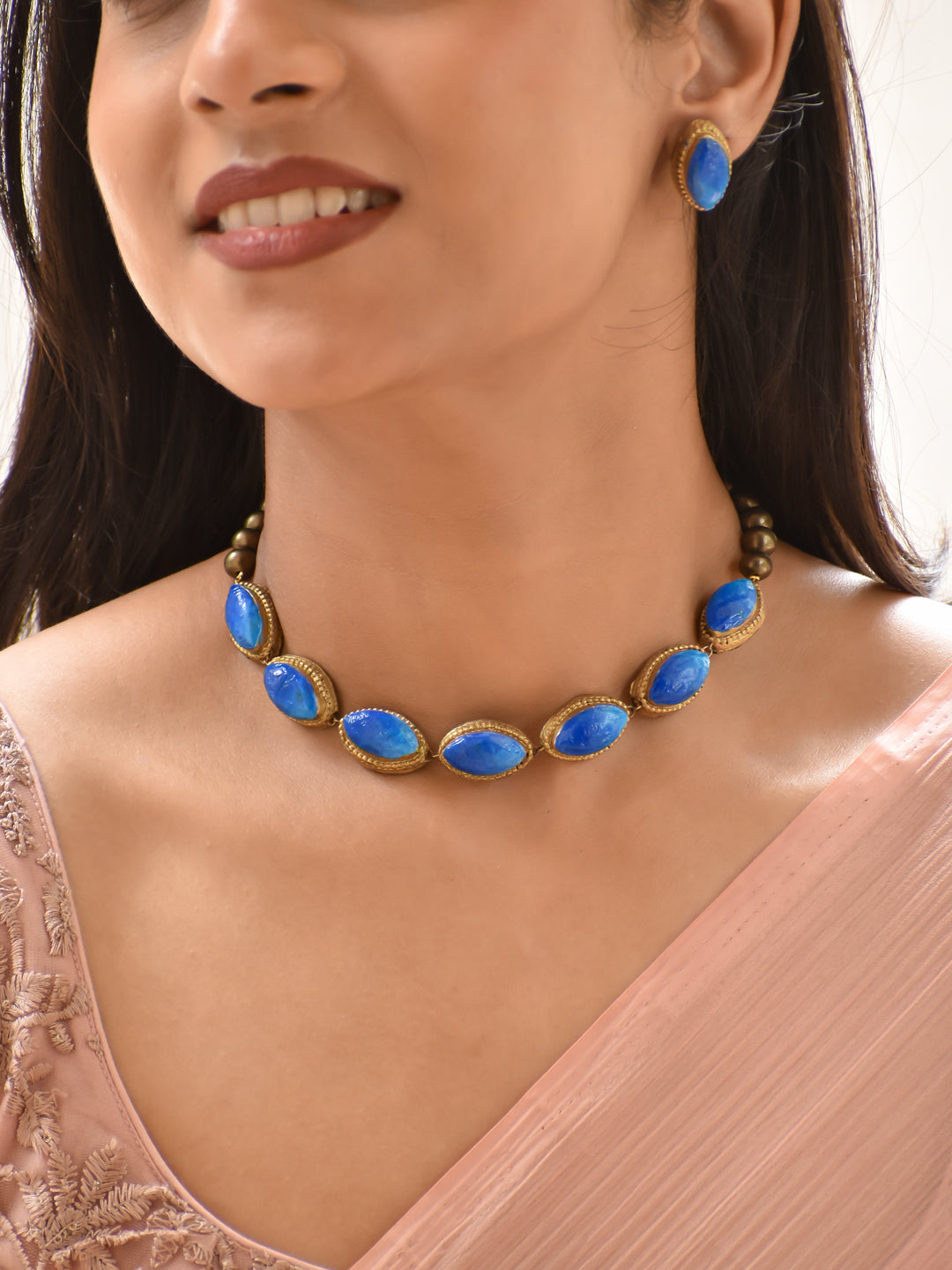 Royal Blue Stone Antique Choker Terracotta Necklace Set