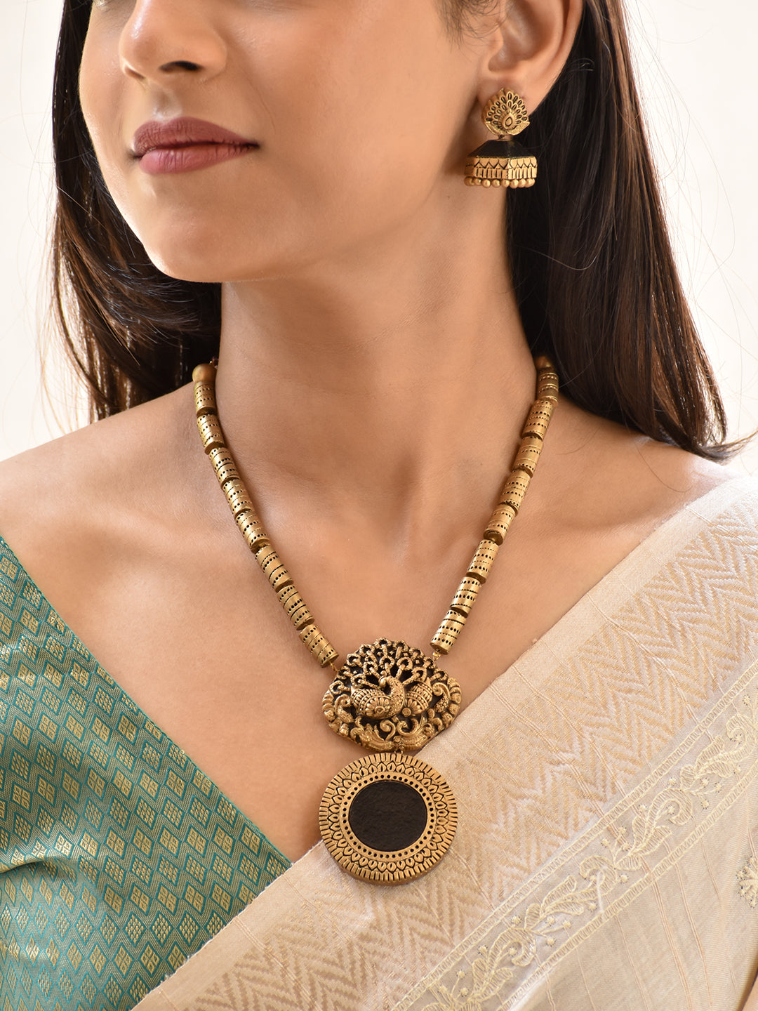 Terracotta Antique Gold Peacock Pendant Necklace Set with Black Accents