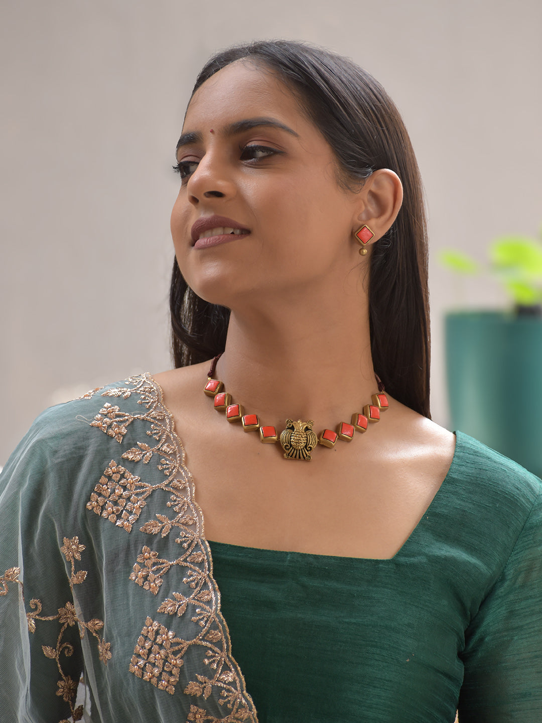 Terracotta Peacock Motif Necklace Set with Geometric Accents
