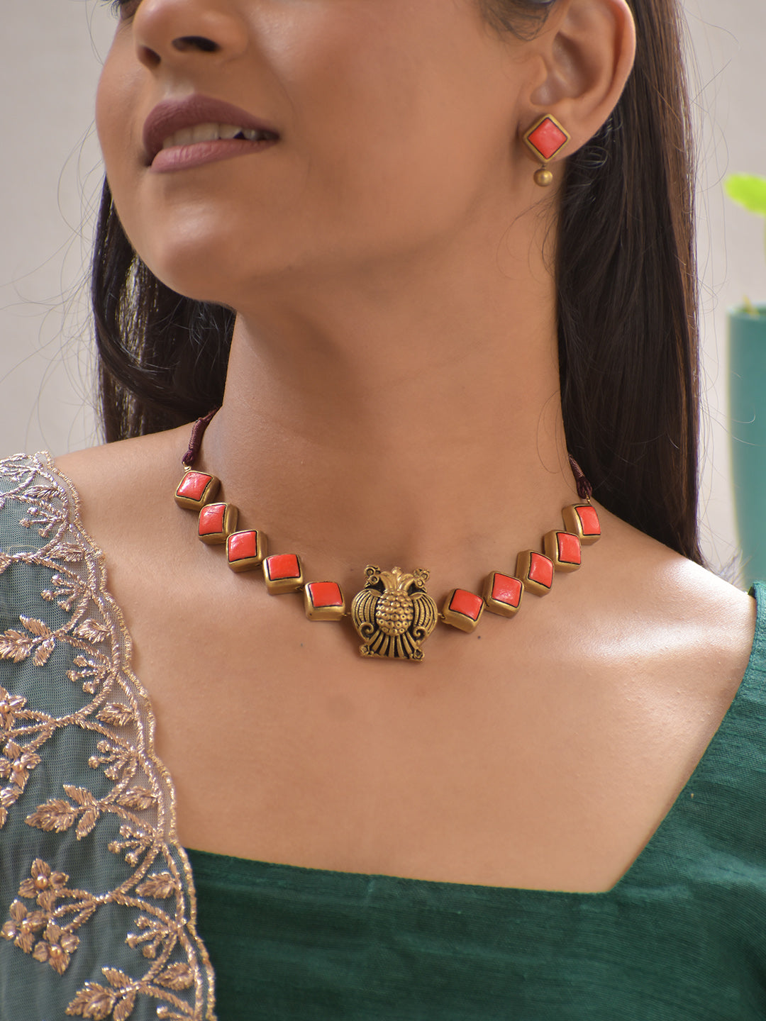 Terracotta Peacock Motif Necklace Set with Geometric Accents