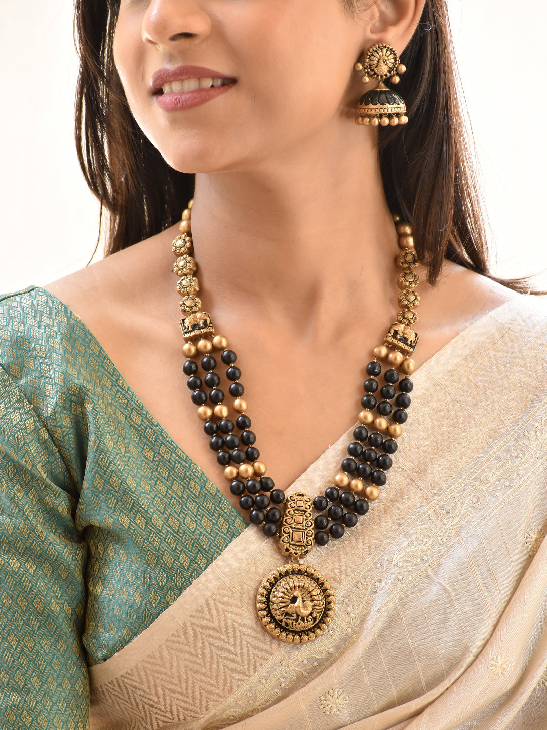 Terracotta Antique Gold & Black Bead Peacock Pendant Necklace Set