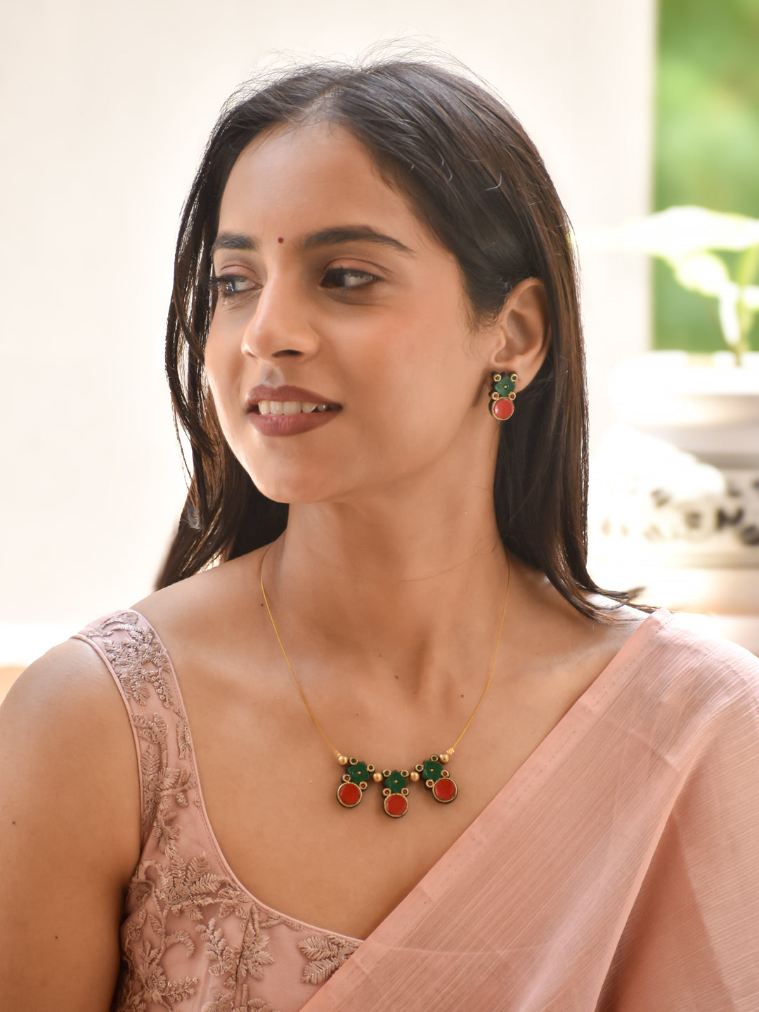 Minimal Red and Green Terracotta Pendant Necklace Set