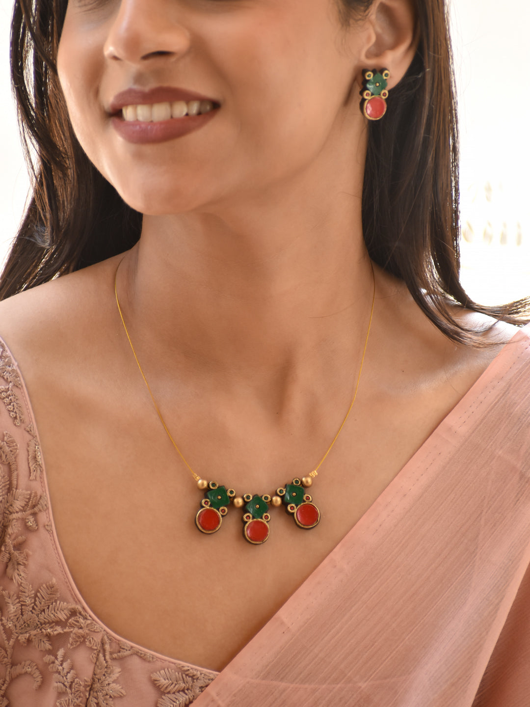 Minimal Red and Green Terracotta Pendant Necklace Set
