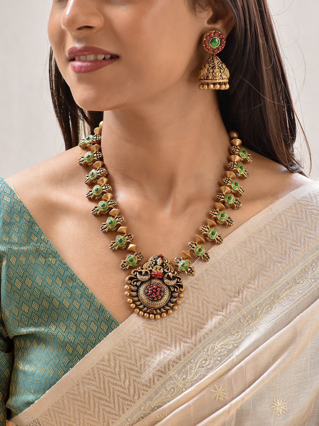 Terracotta Emerald Green Floral Temple Necklace Set