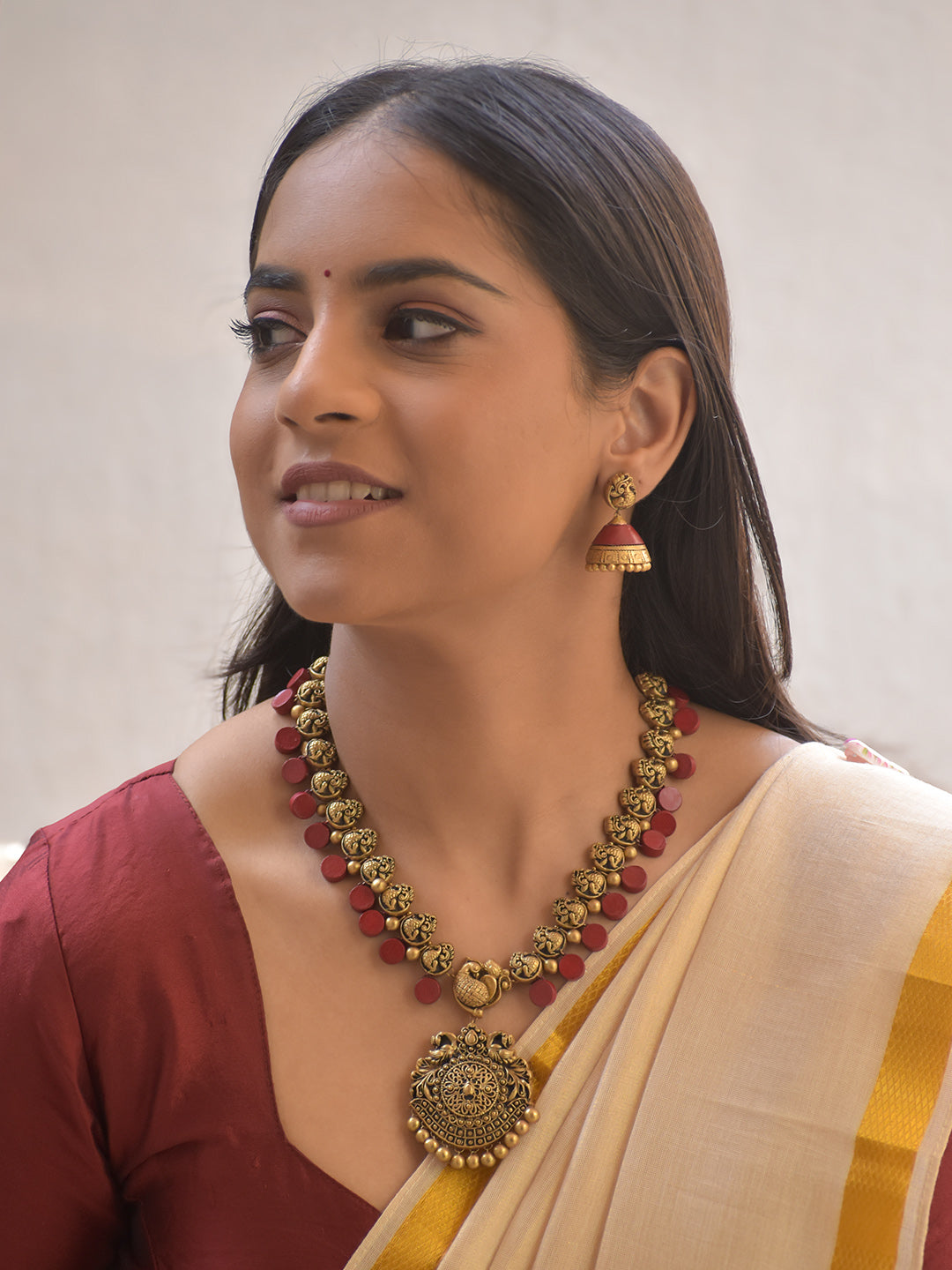 Rudrabali – Handmade Terracotta Temple Necklace Set with Red Disc Beads and Antique Gold Engraved Pendant