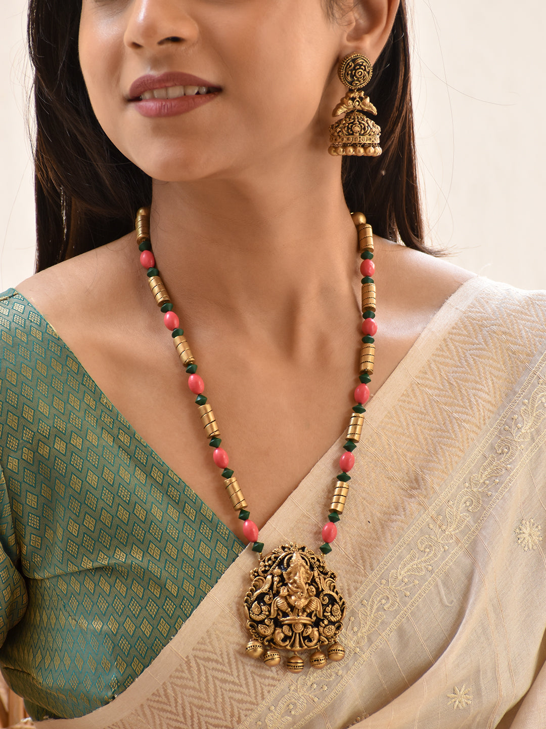Terracotta Coral Pink & Emerald Green Ganesha Pendant Necklace Set
