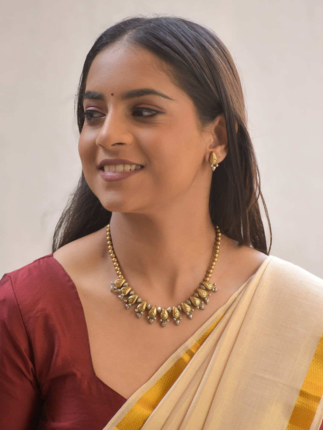 Shilpakriti – Handmade Terracotta Leaf Motif Necklace Set with Matte Gold Beads and Pearl Drops