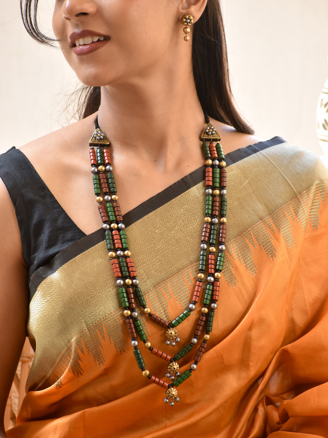 Multi-Layer Earth Tone Handmade Terracotta Beaded Necklace