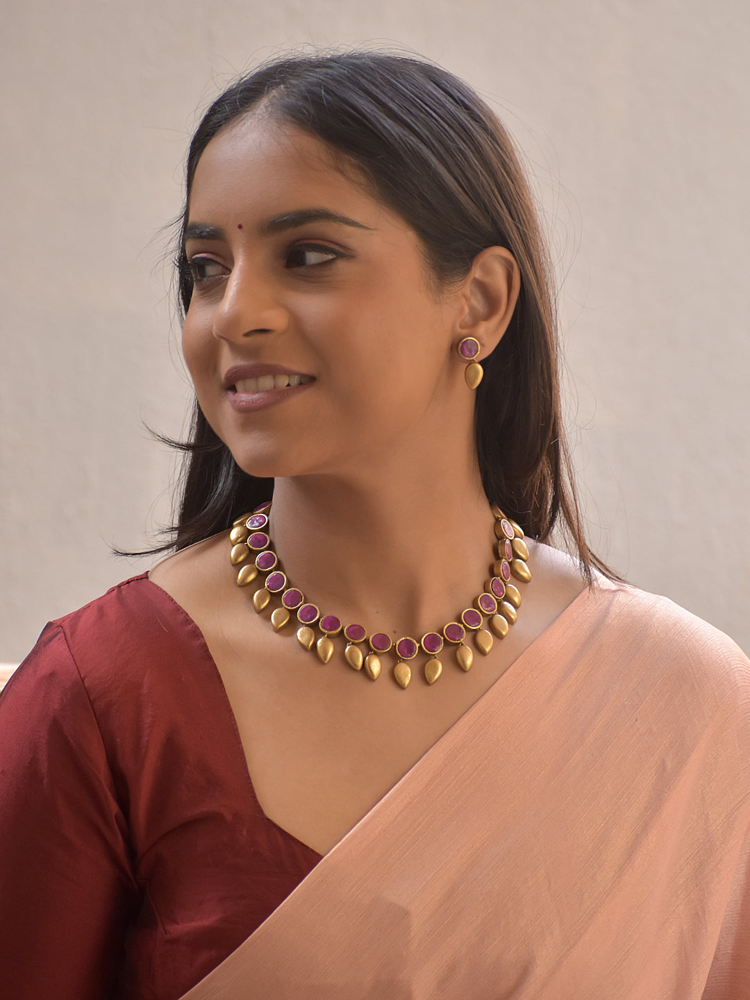 Terracotta Pink Disc & Golden Drop Beads Necklace Set