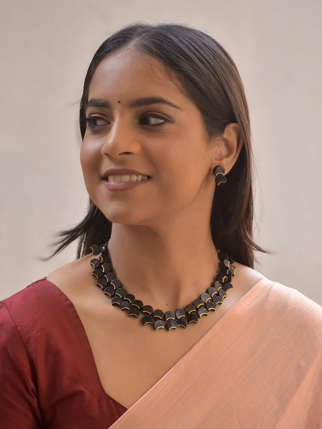 Ardhachandra – Handmade Terracotta Half-Moon Necklace Set in Matte Black and Antique Gold