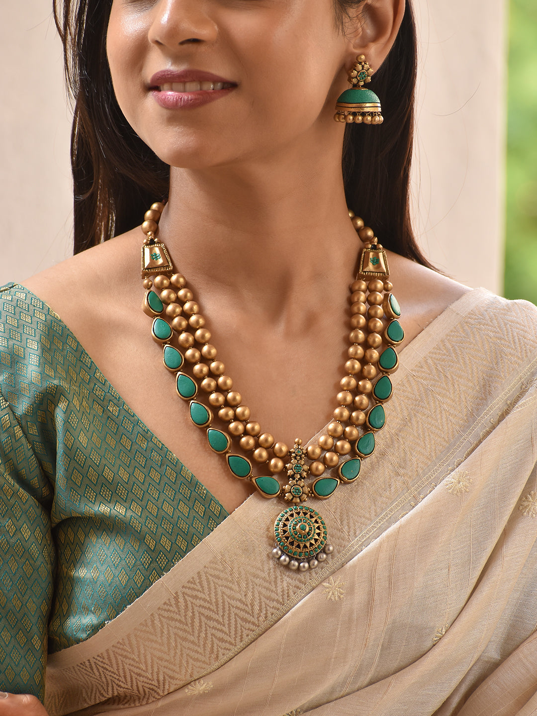 Terracotta Turquoise Blue Multi-Layer Bead Necklace Set