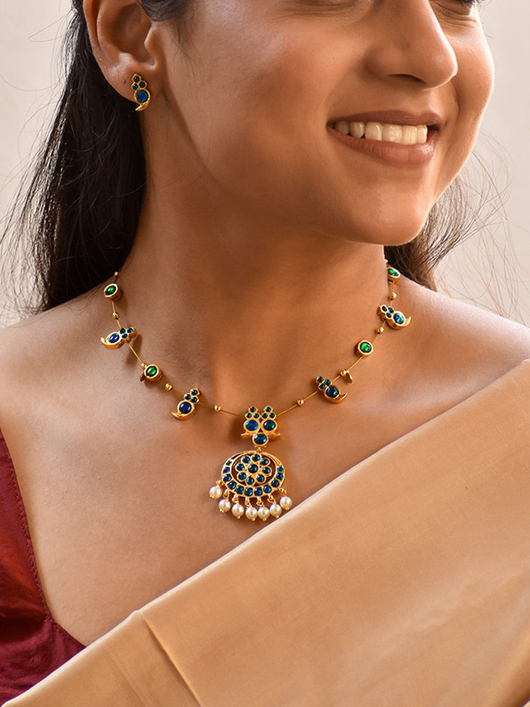 Premium Handcrafted Kemp Mango Necklace Set in Pearl Drops - Blue Green Kemp Stones