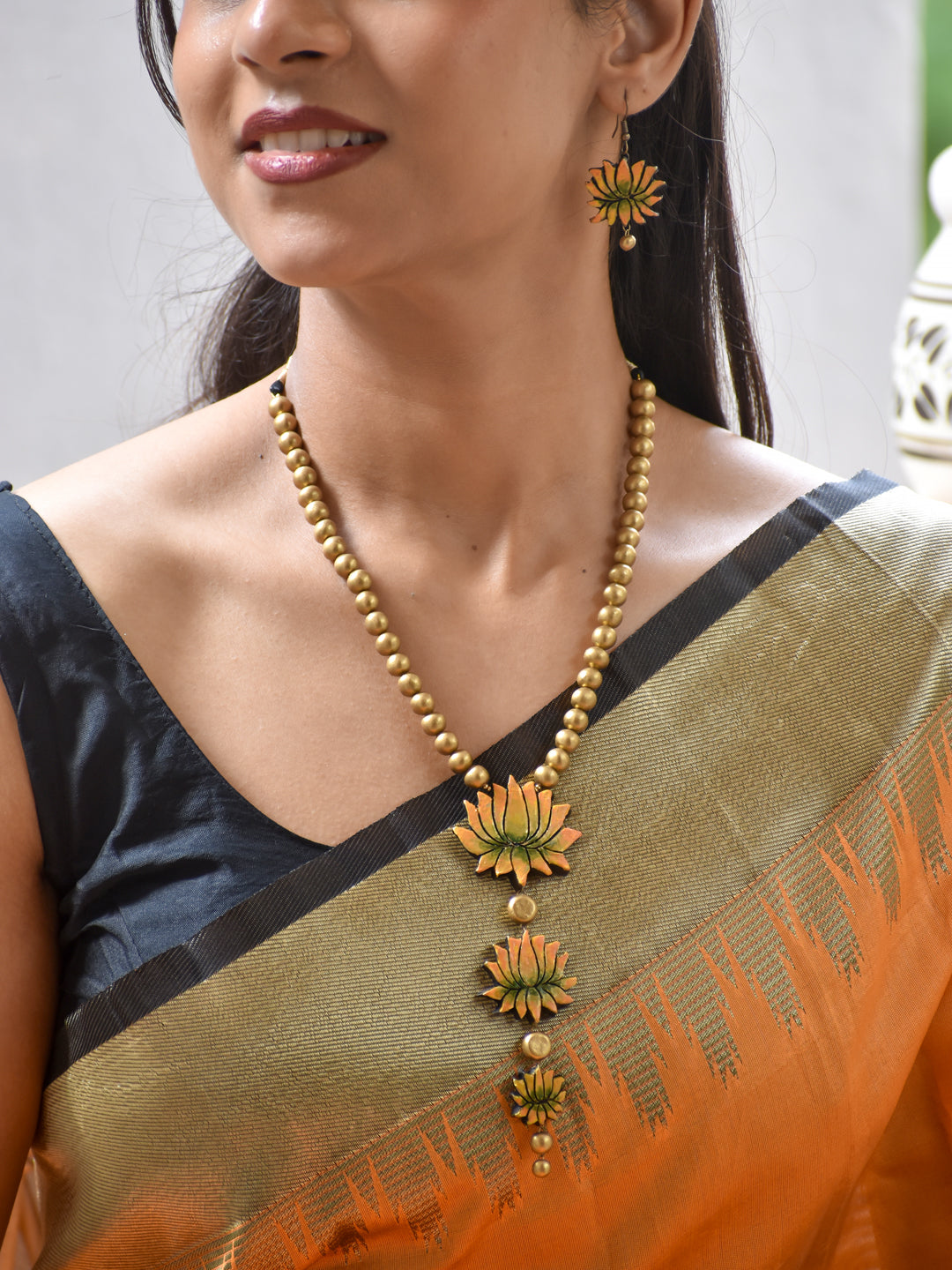 Lotus Flower Handmade Terracotta Long Pendant Necklace