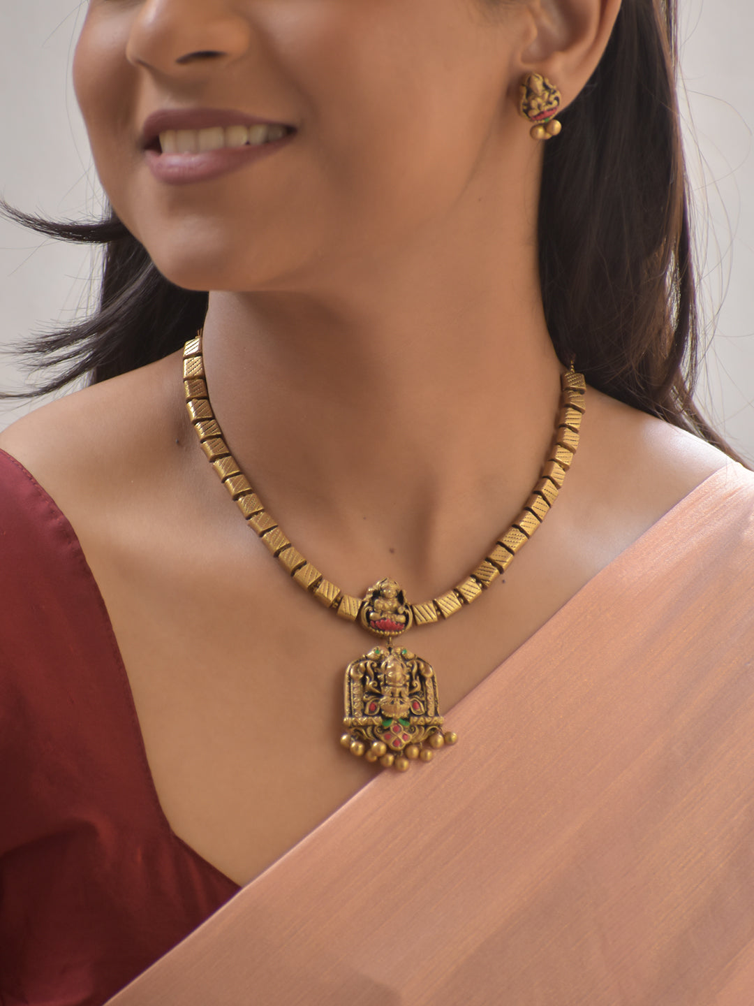 Shringara – Terracotta Temple Pendant Necklace Set with Antique Gold Blocks and Miniature Goddess Motifs
