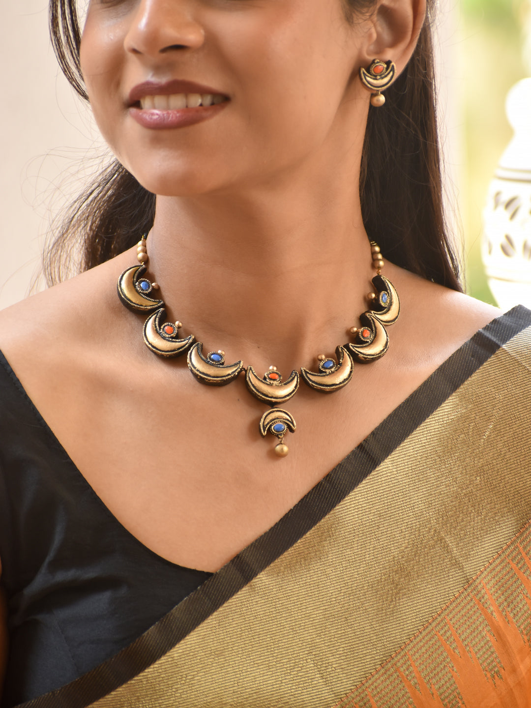 Dual Tone Crescent Design Choker Terracotta Necklace Set