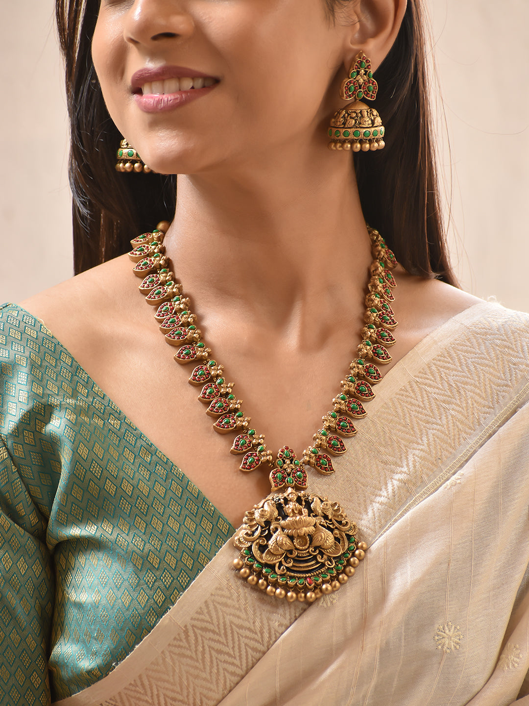 Terracotta Ruby Red & Emerald Green Temple Pendant Necklace Set