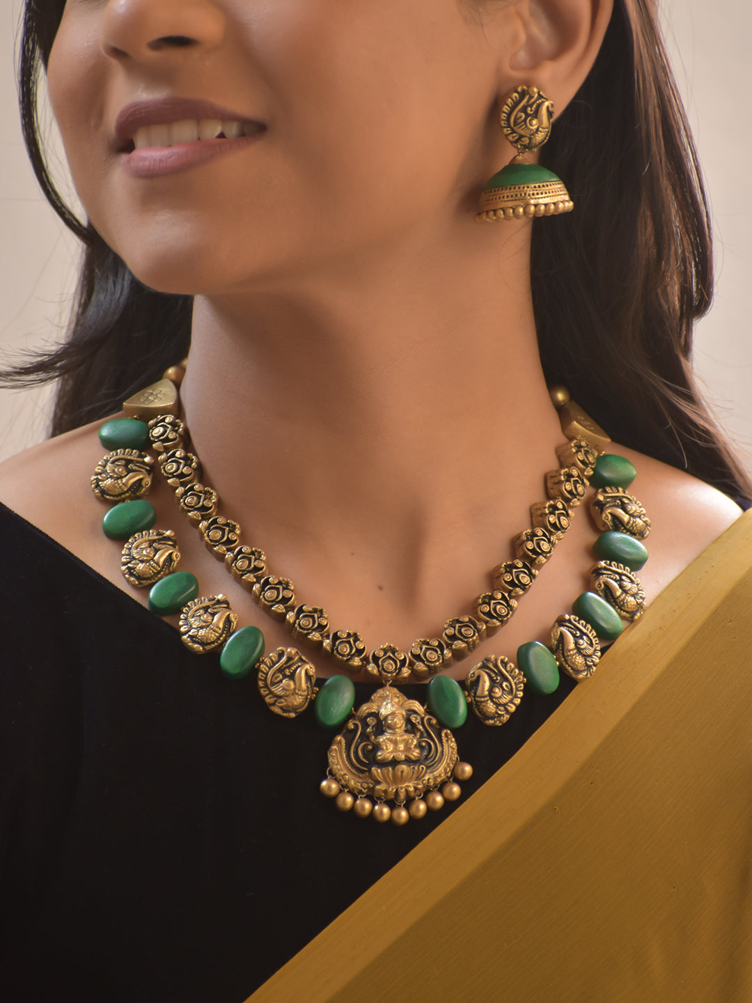 Shrilakshya – Handmade Terracotta Lakshmi Necklace Set with Antique Gold Motifs and Emerald-Green Beads