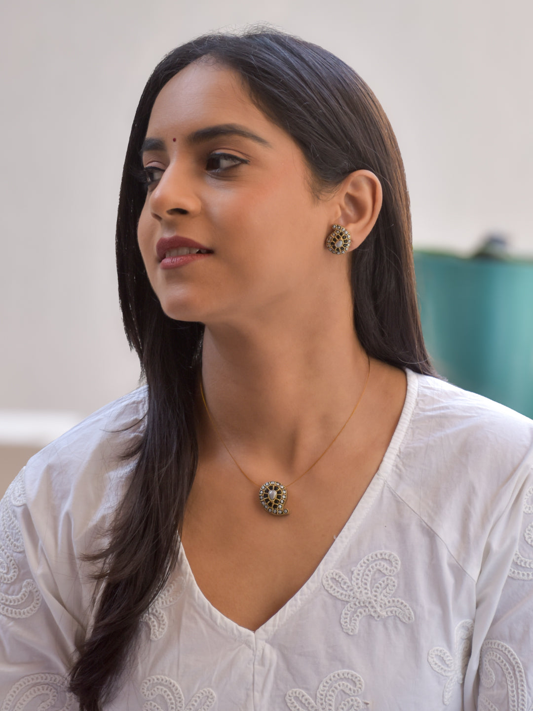 Terracotta Paisley Pendant Necklace with Matching Stud Earrings