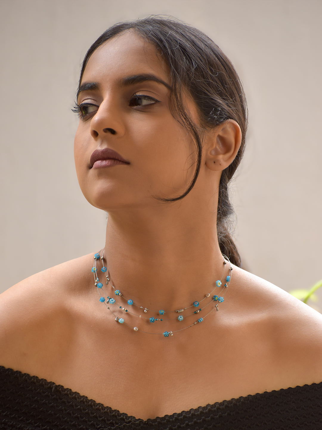 CeruliNest – Layered Blue Floral Beaded Necklace with German Silver Accents