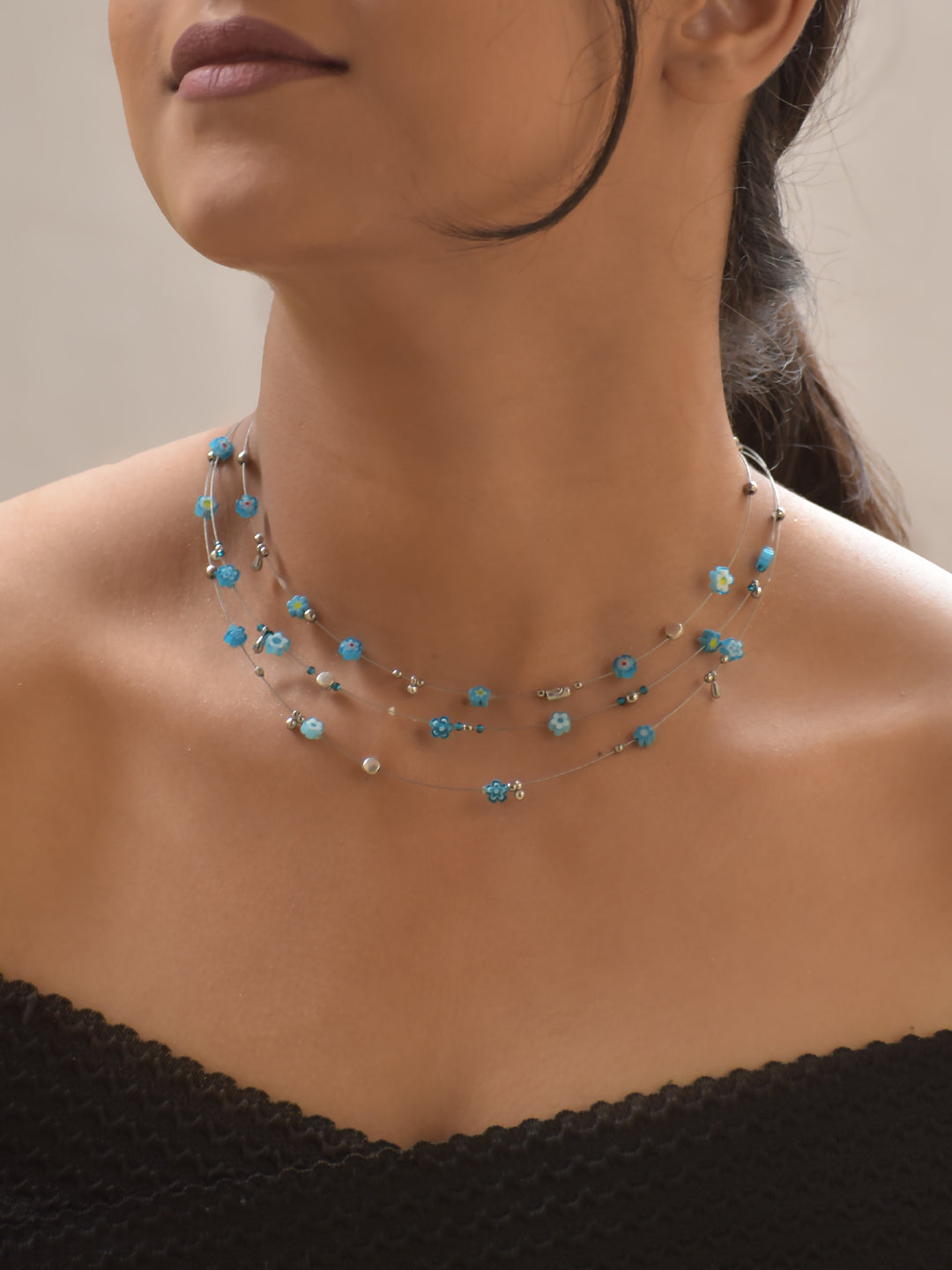 CeruliNest – Layered Blue Floral Beaded Necklace with German Silver Accents