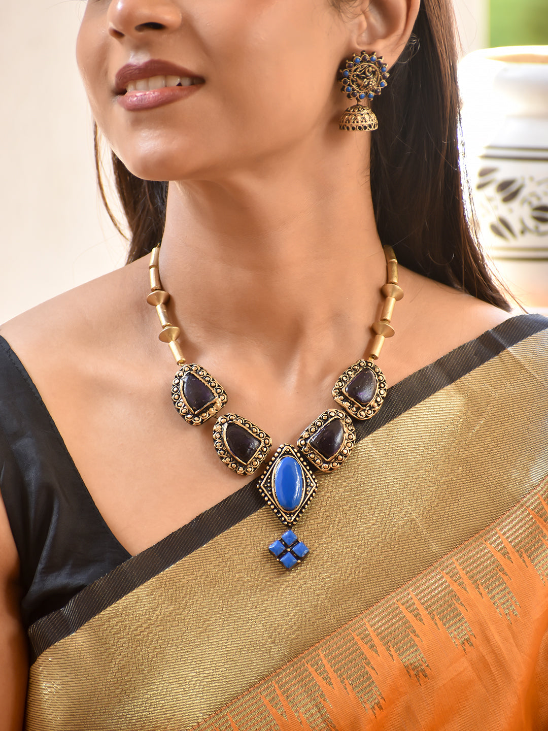 Royal Blue Stone Design Statement Terracotta Necklace Set