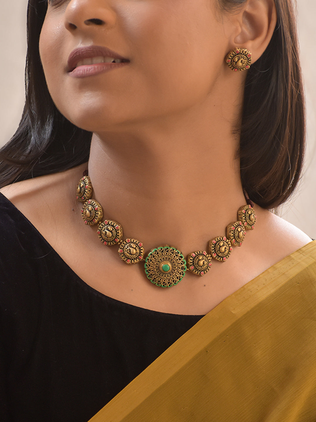 Padmaratha – Handmade Terracotta Antique Gold Coin Necklace Set with Pink Accents and Green Lotus Medallion Pendant