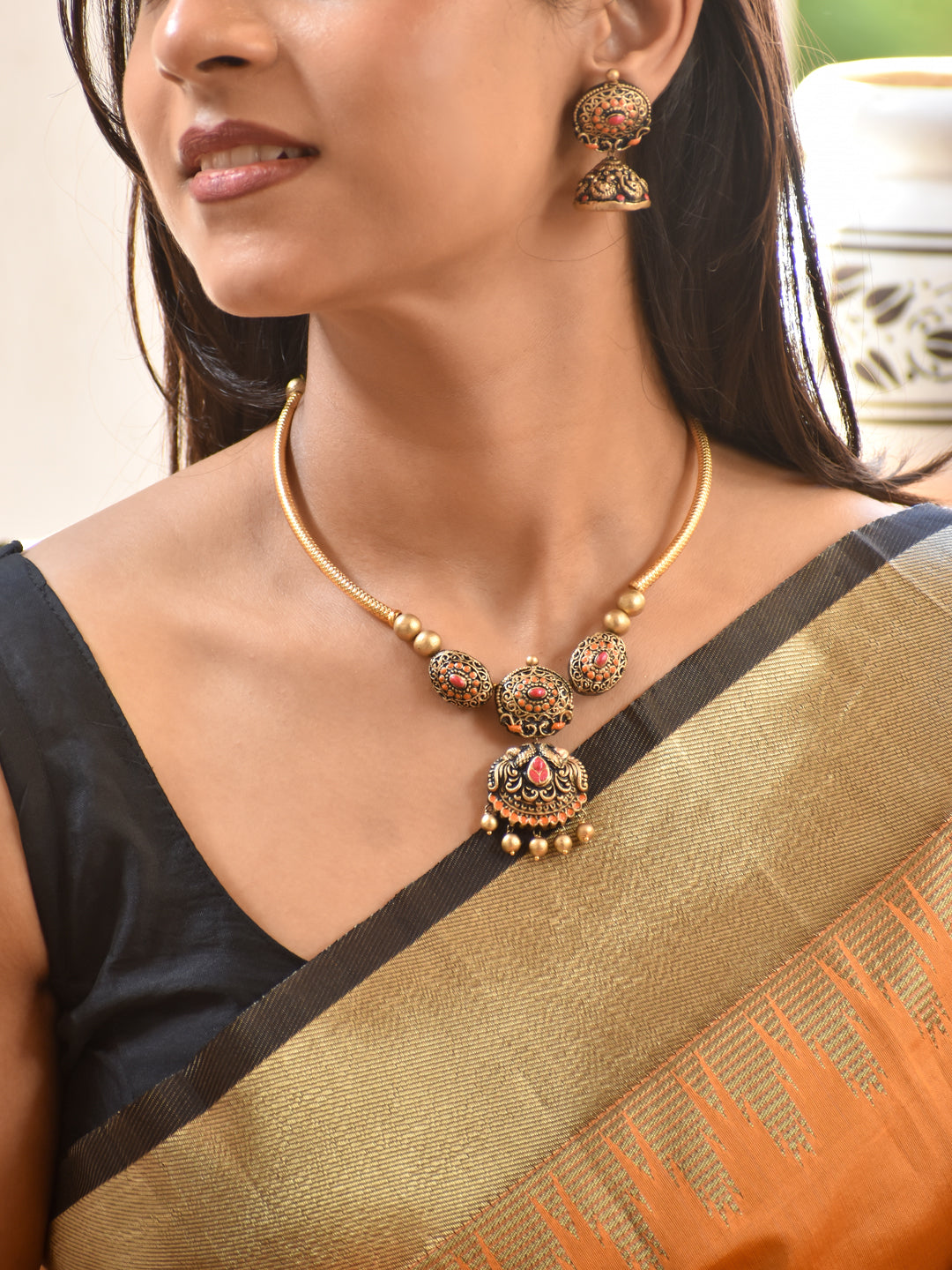 Antique Gold Coral Stone Design Pendant Terracotta Necklace Set