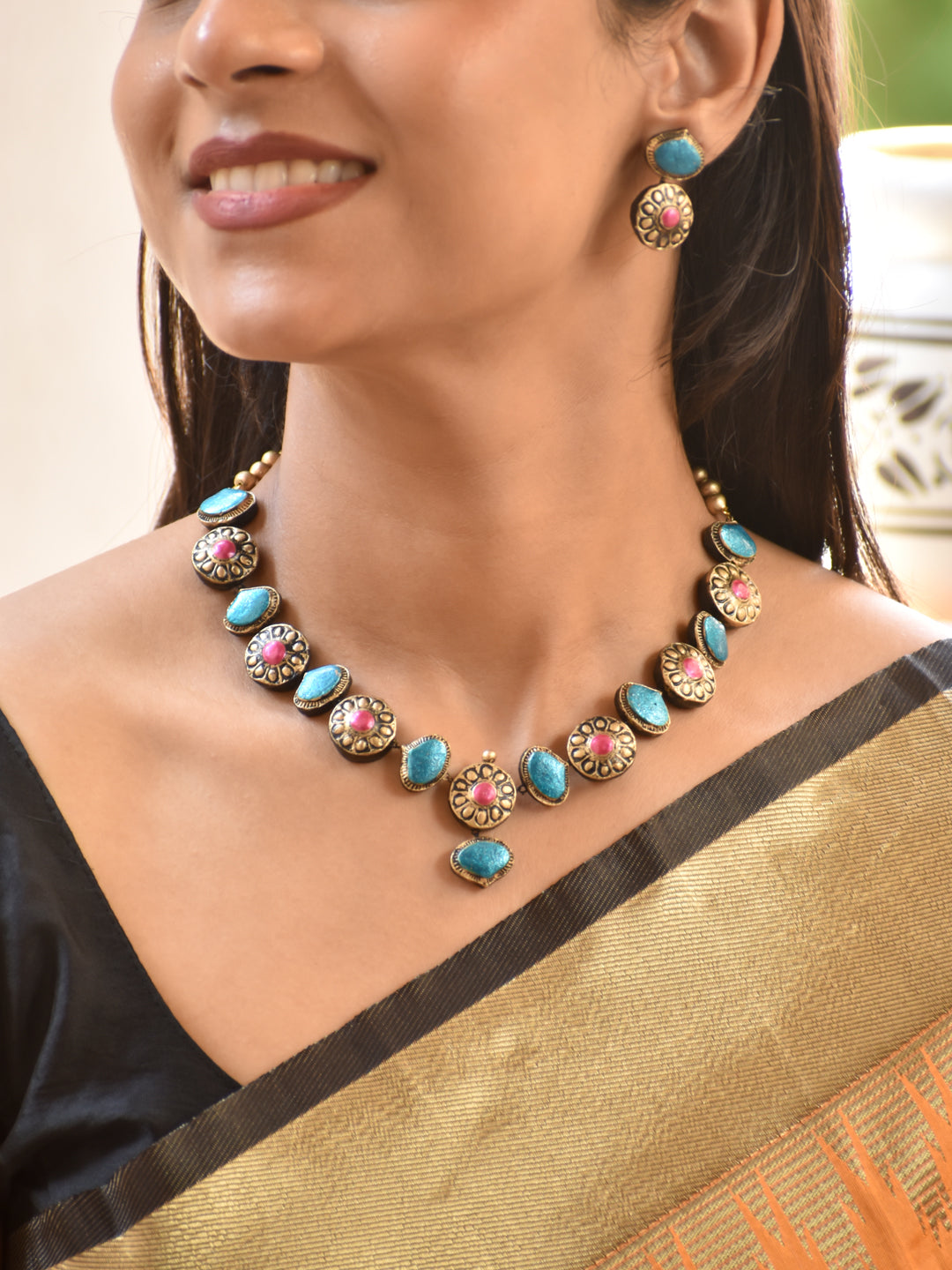 Turquoise Color Floral Design Antique Gold Terracotta Necklace Set